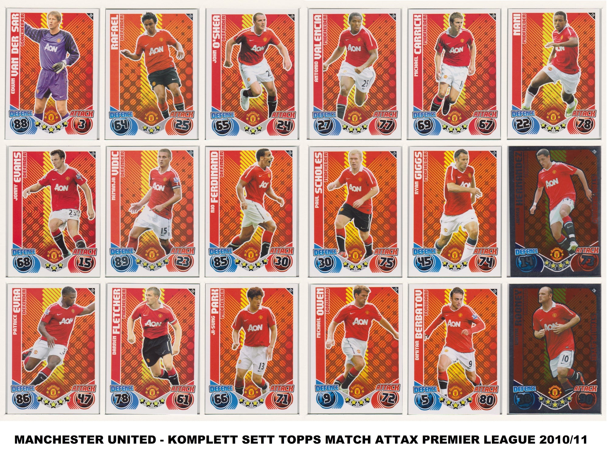 000. MANCHESTER UNITED - KOMPLETT SETT MED TOPPS MATCH ATTAX PREMIER LEAGUE 2010/11