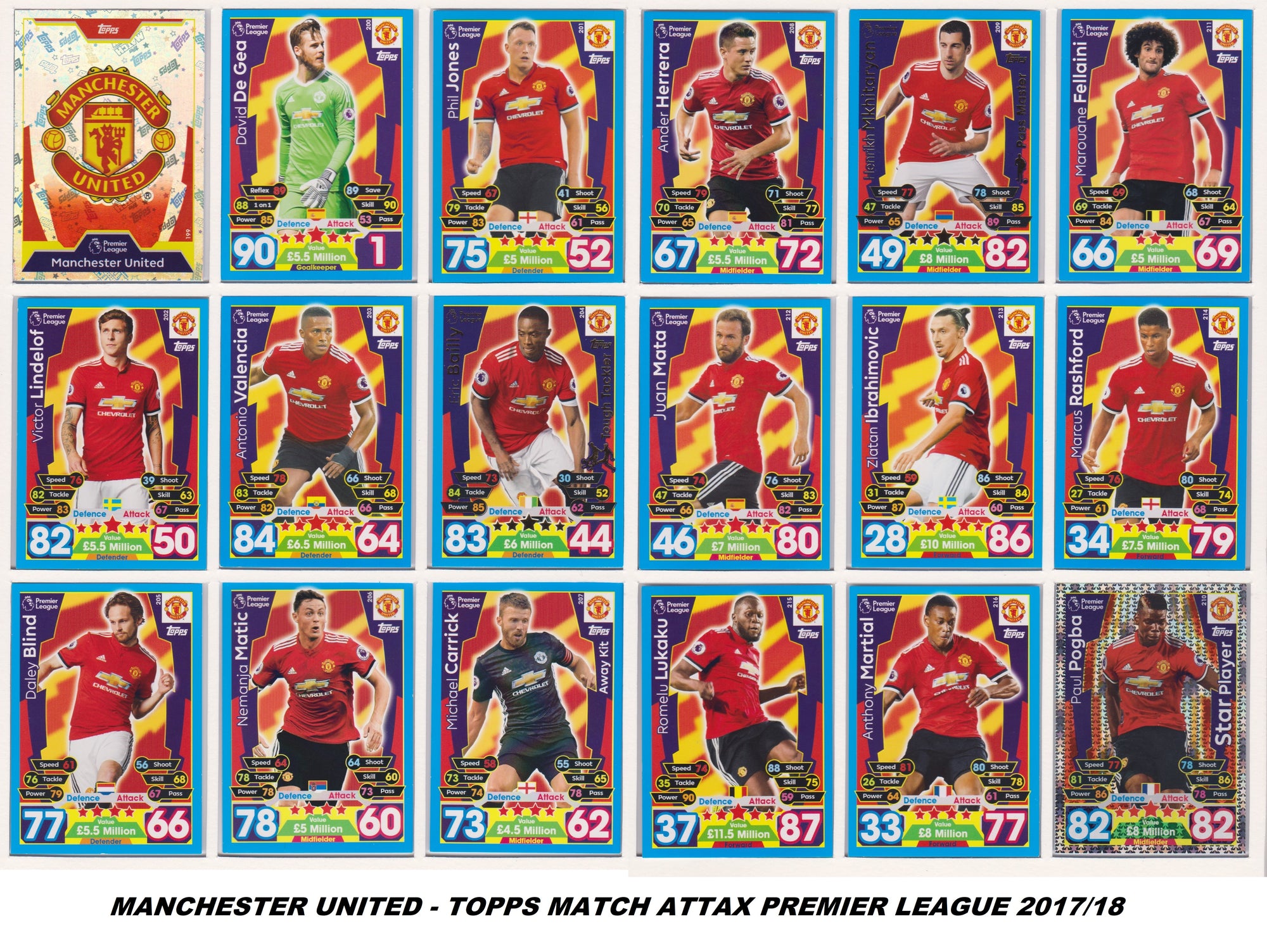 000. MANCHESTER UNITED- KOMPLETT SETT MED TOPPS MATCH ATTAX PREMIER LEAGUE 2017/18