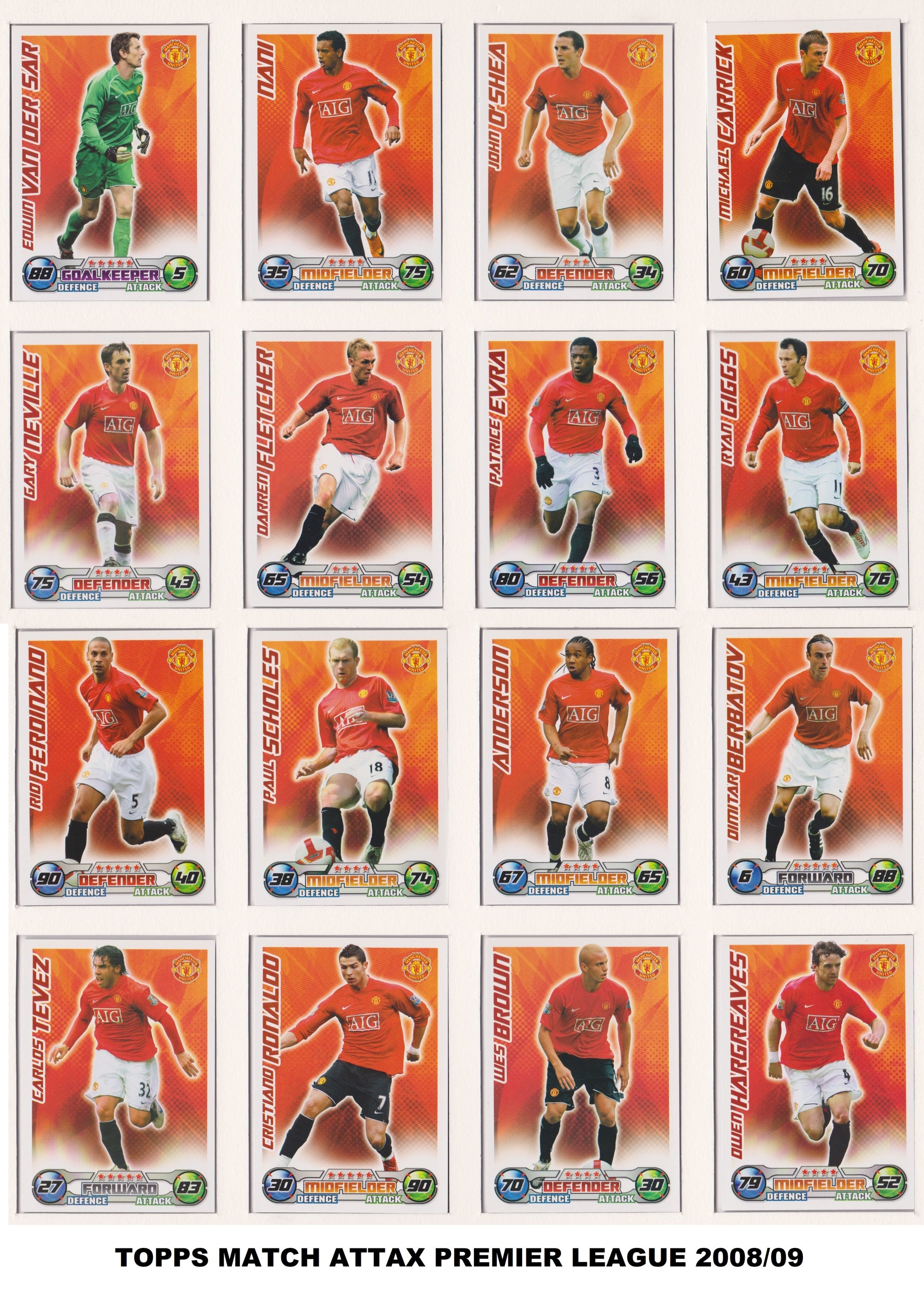 000. MANCHESTER UNITED - KOMPLETT SETT MED FOTBALLKORT FRA MATCH ATTAX 2008/09