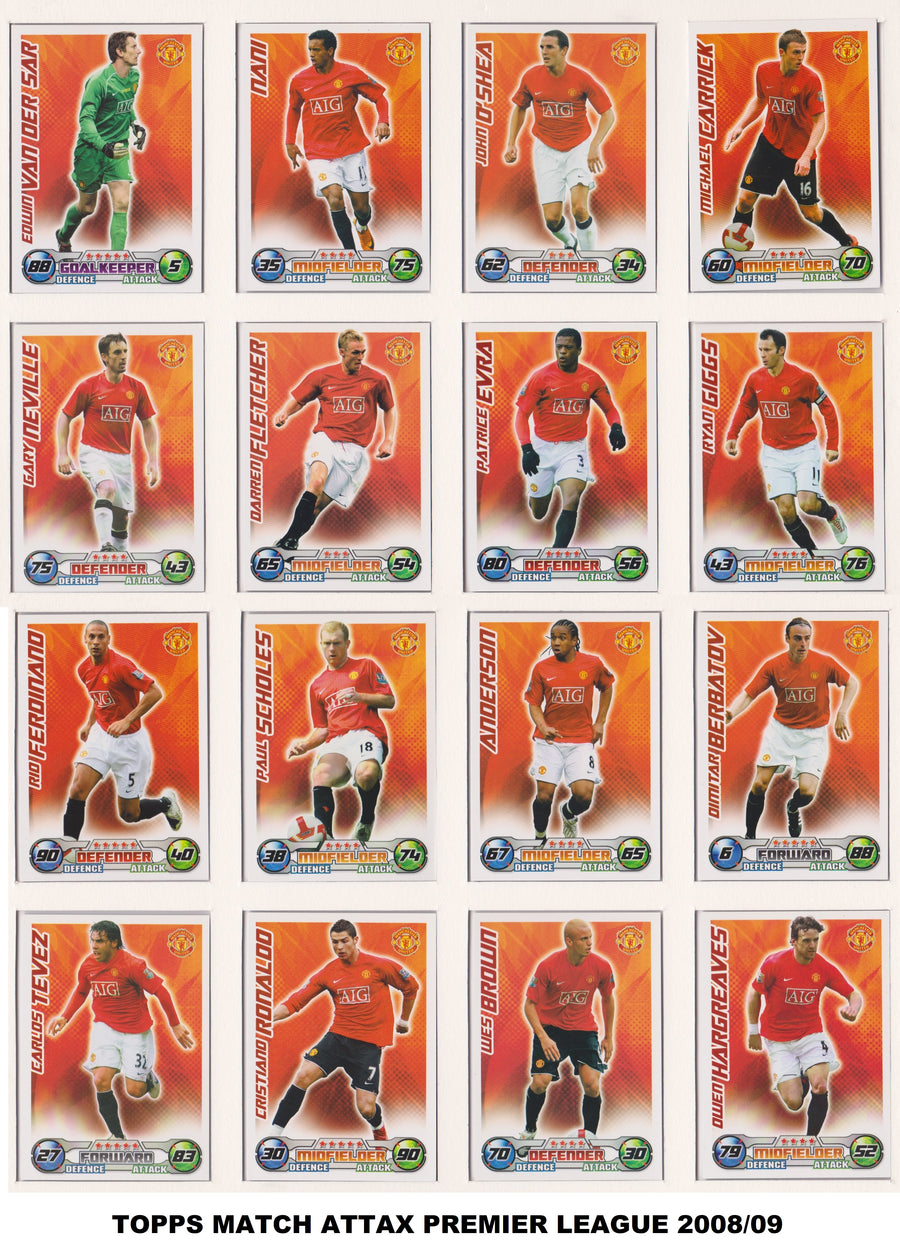 000. MANCHESTER UNITED - KOMPLETT SETT MED FOTBALLKORT FRA MATCH ATTAX 2008/09