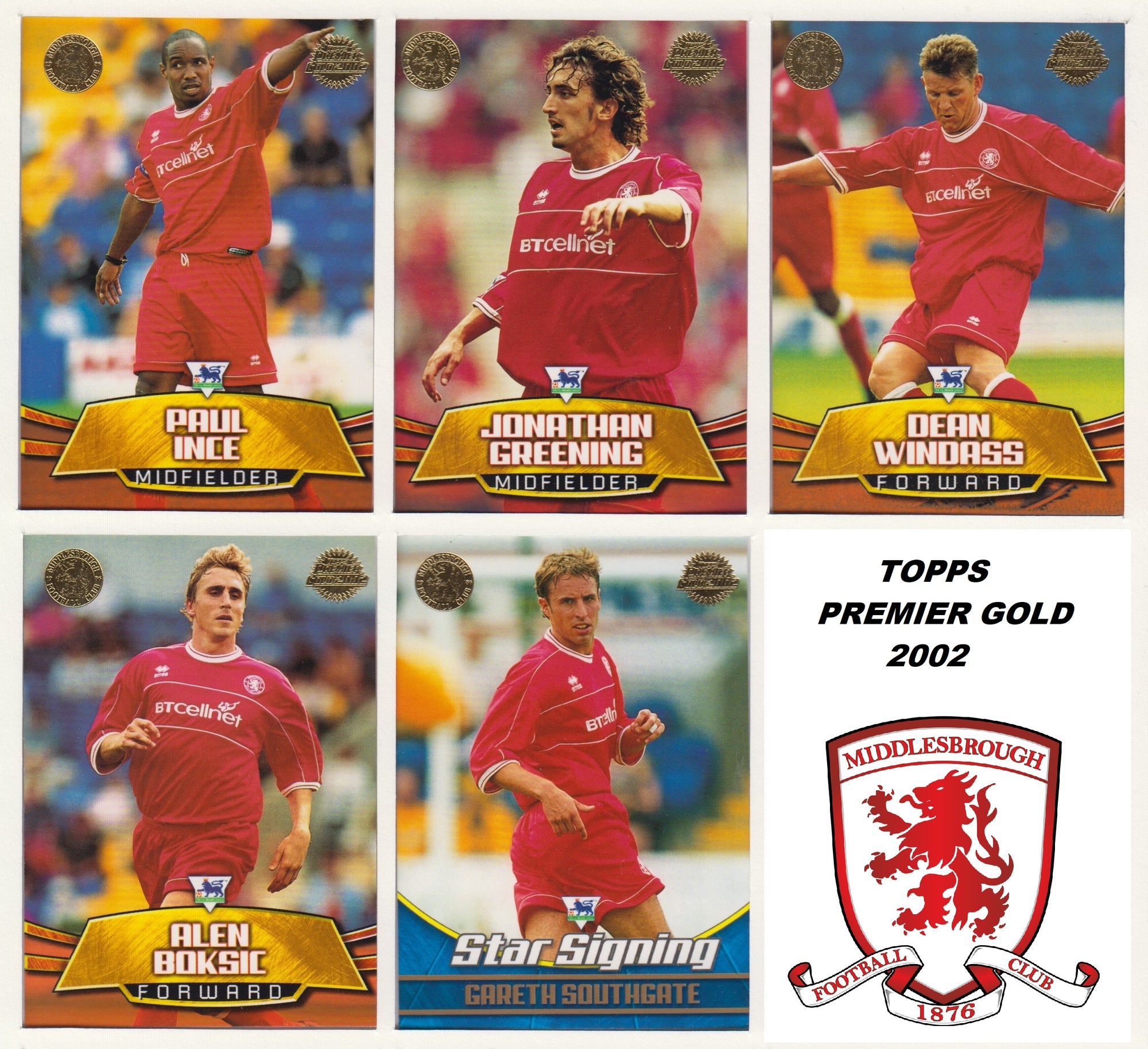 000. MIDDLESBROUGH - KOMPLETT SETT MED FOTBALLKORT TOPPS PREMIER GOLD 2002