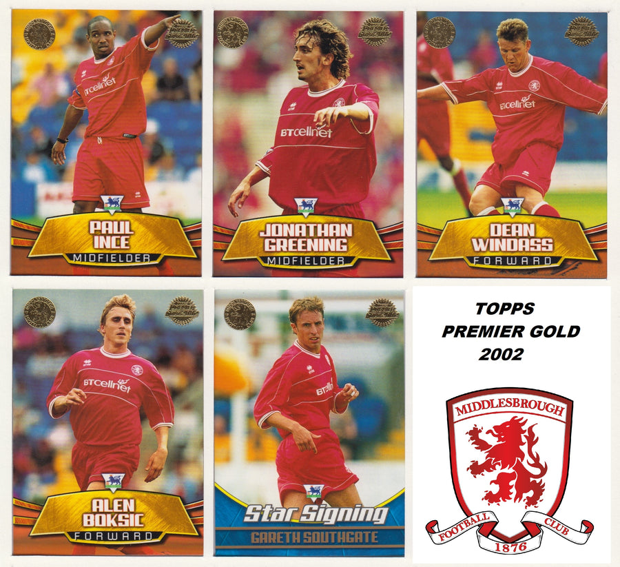 000. MIDDLESBROUGH - KOMPLETT SETT MED FOTBALLKORT TOPPS PREMIER GOLD 2002