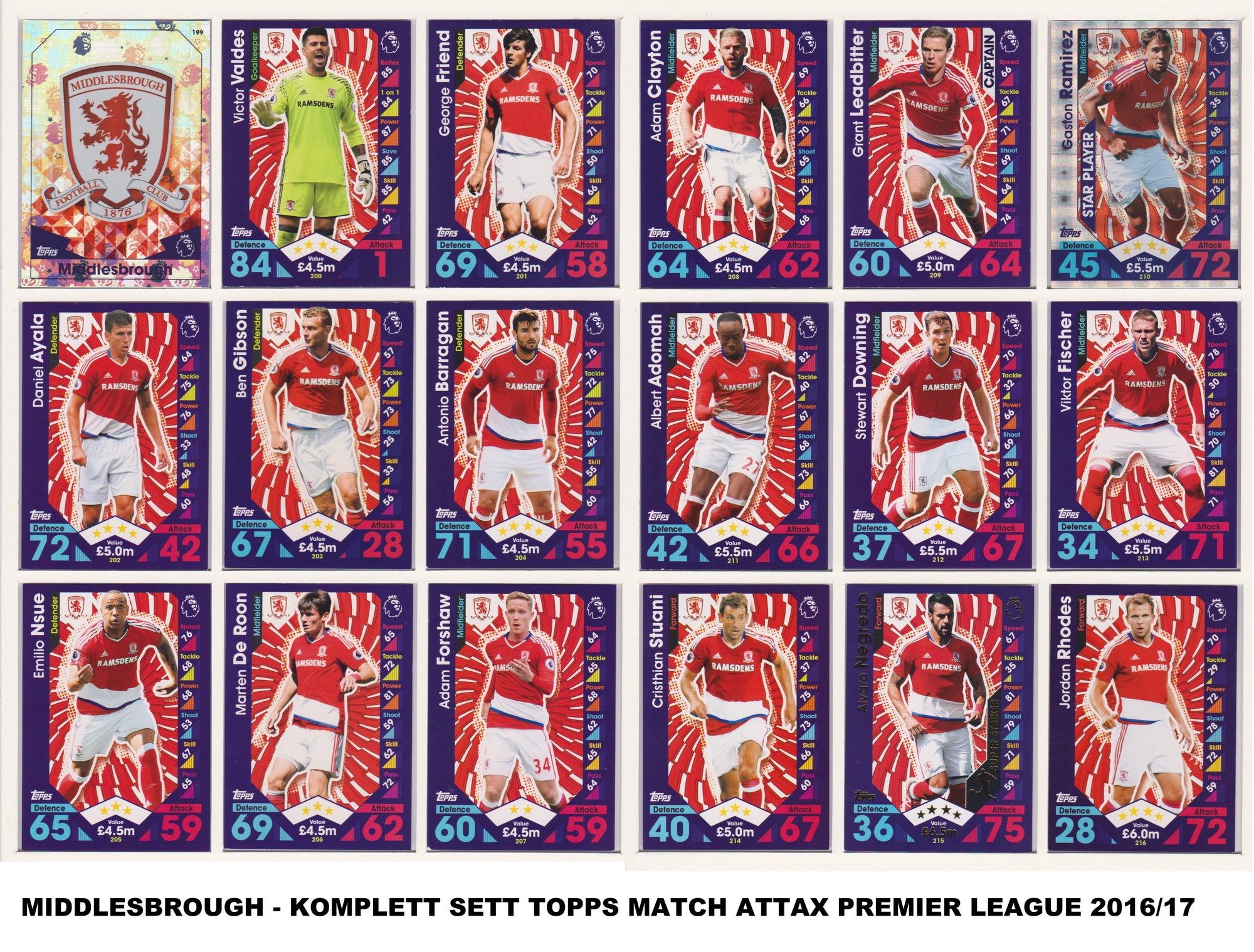 000. MIDDLESBROUGH - KOMPLETT SETT MED TOPPS MATCH ATTAX PREMIER LEAGUE 2016/17