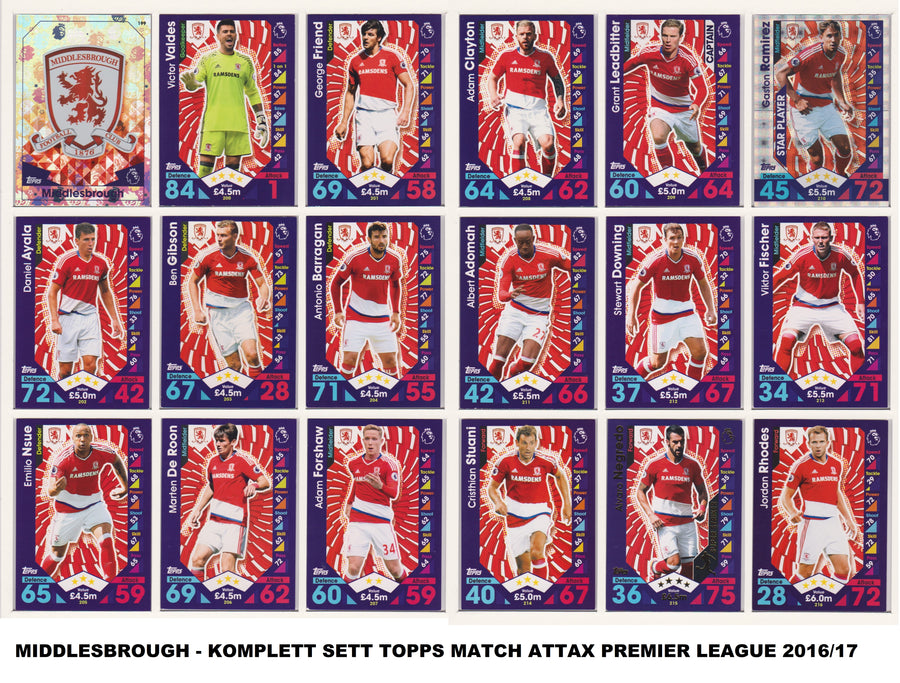 000. MIDDLESBROUGH - KOMPLETT SETT MED TOPPS MATCH ATTAX PREMIER LEAGUE 2016/17