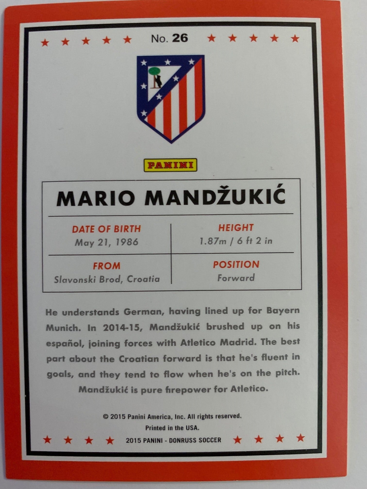 MARIO MANDZUKIC - ATLETICO MADRID - PANINI DONDRUSS - PRESS PROOF #99