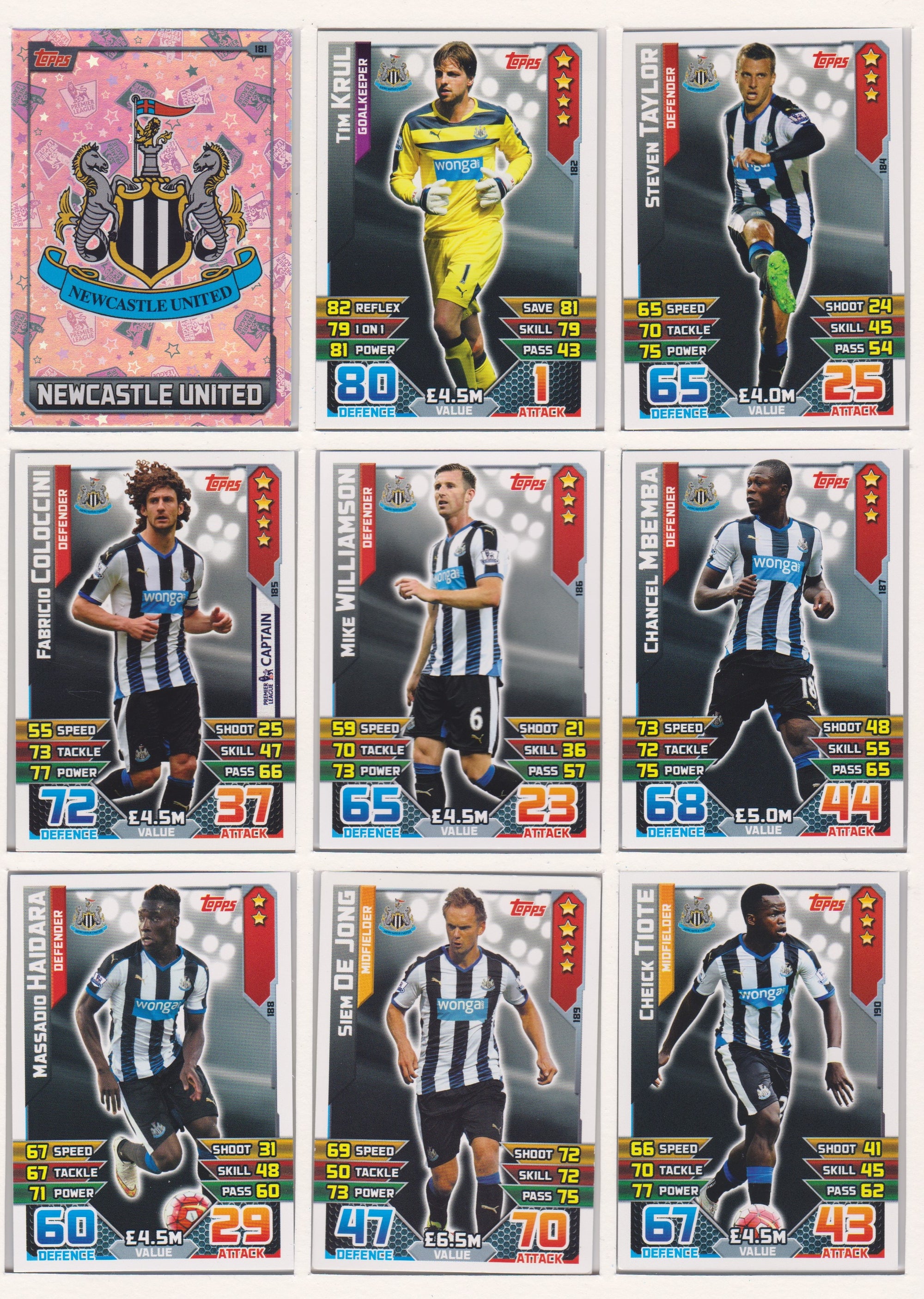 000. NEWCASTLE UNITED - KOMPLETT SETT MED TOPPS MATCH ATTAX PREMIER LEAGUE 2015/16