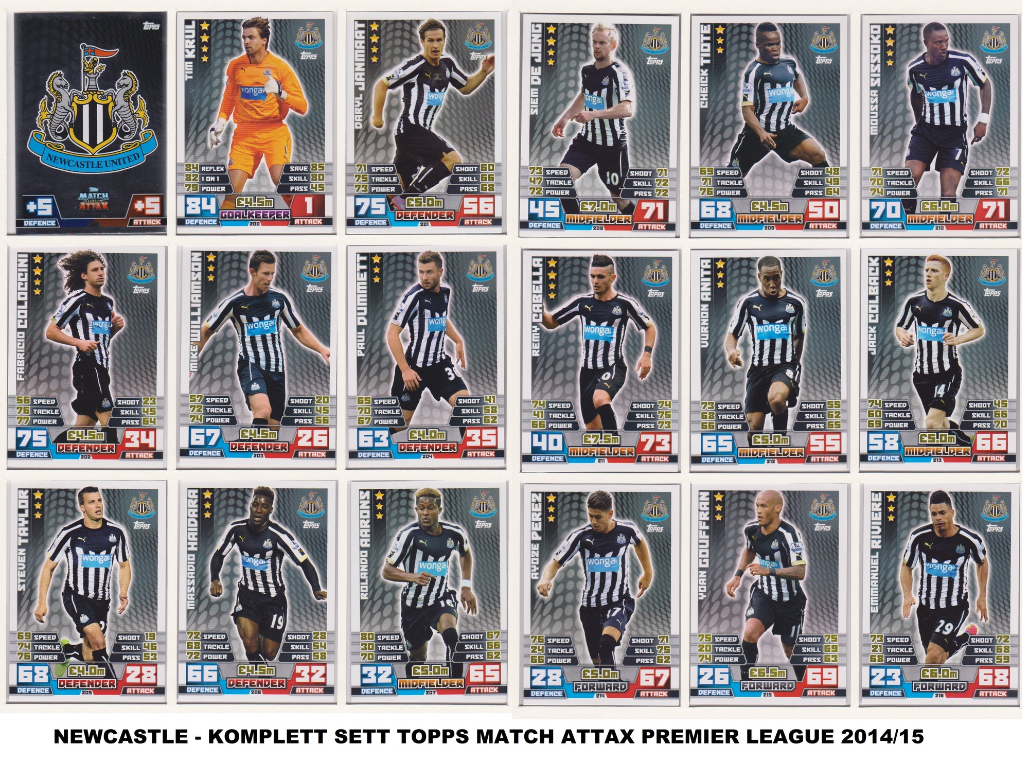 000. NEWCASTLE UNITED - KOMPLETT SETT MED TOPPS MATCH ATTAX PREMIER LEAGUE 2014/15