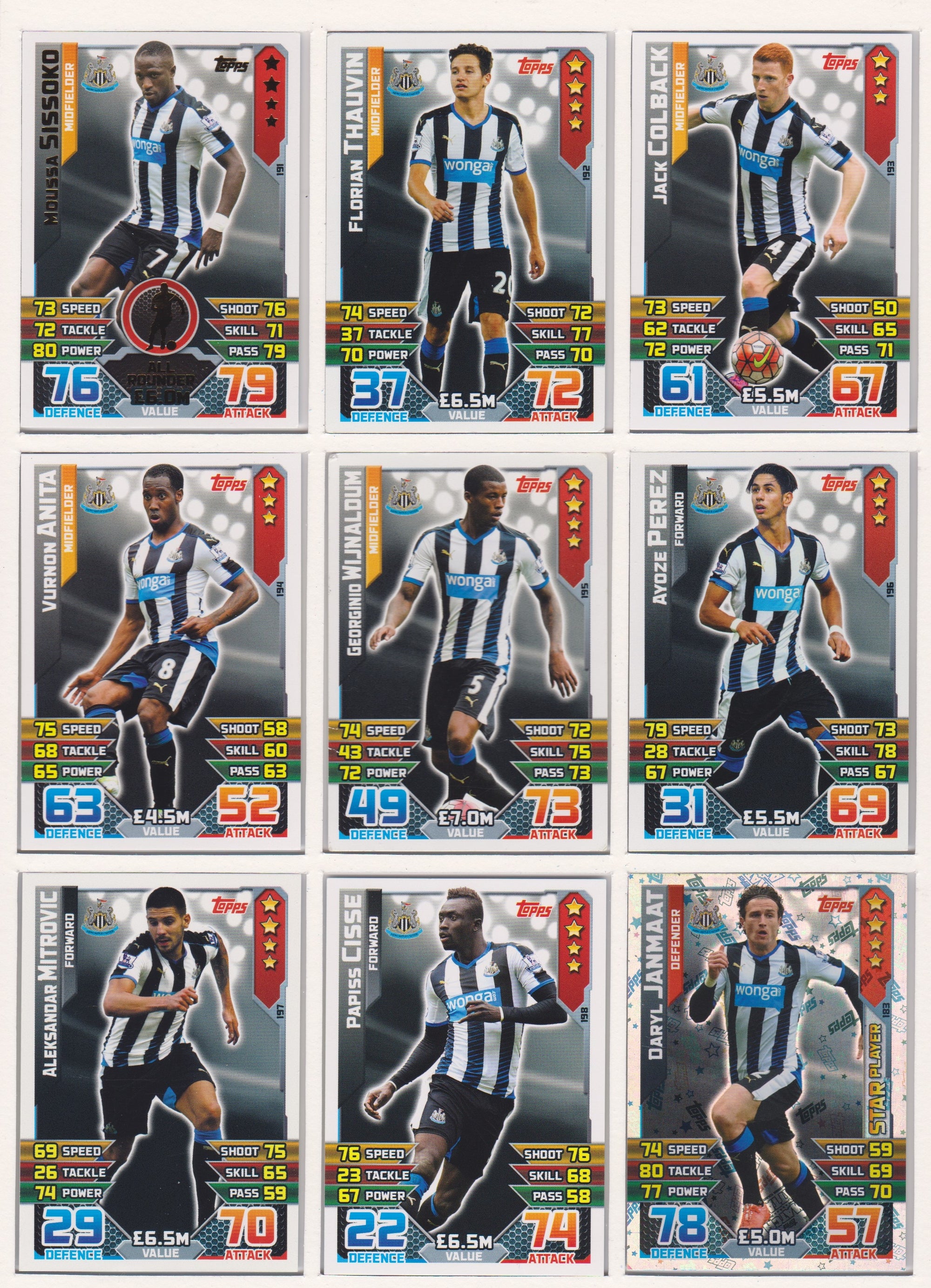 000. NEWCASTLE UNITED - KOMPLETT SETT MED TOPPS MATCH ATTAX PREMIER LEAGUE 2015/16