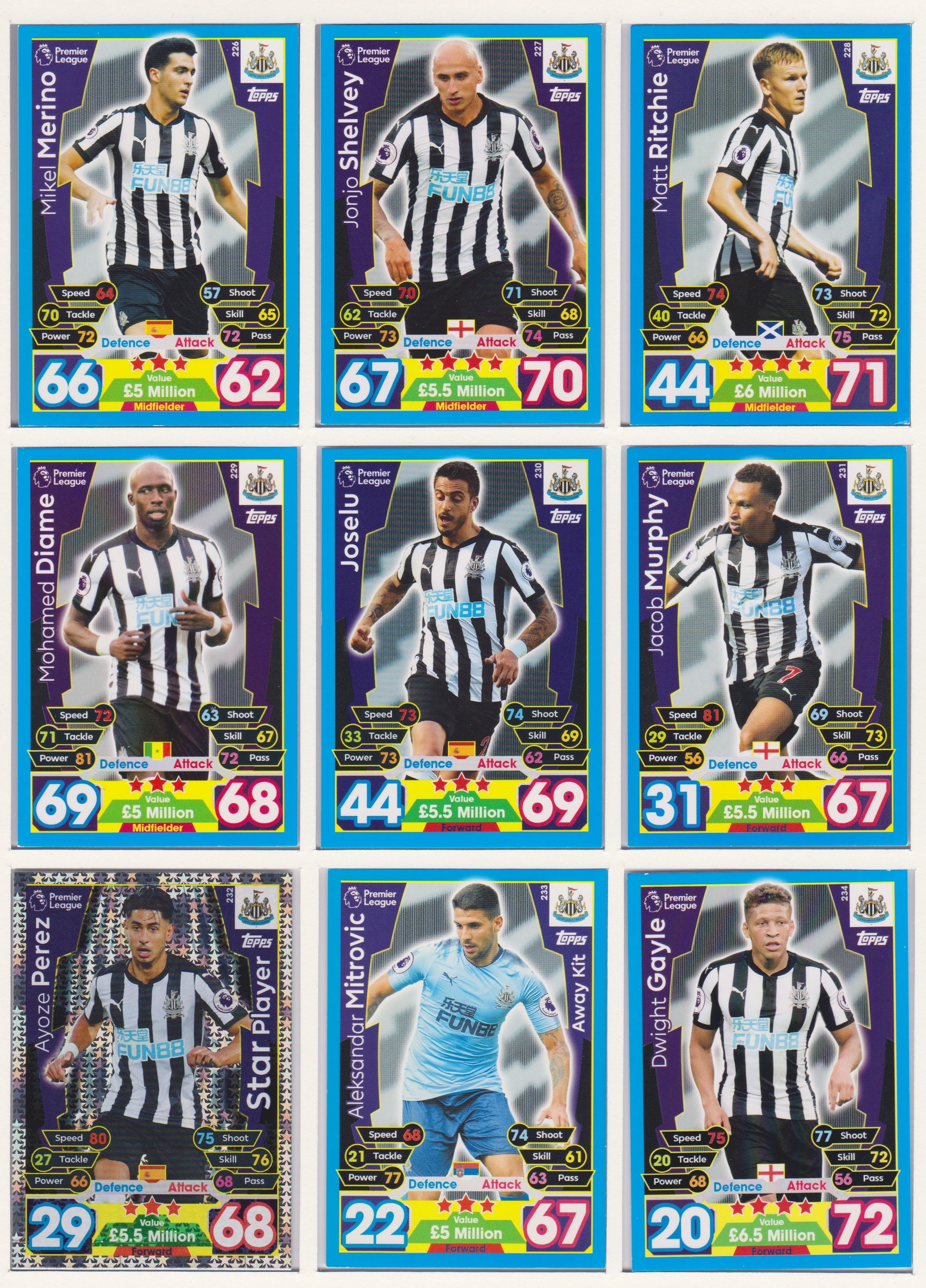 000. NEWCASTLE UNITED  - KOMPLETT SETT MED TOPPS MATCH ATTAX PREMIER LEAGUE 2017/18