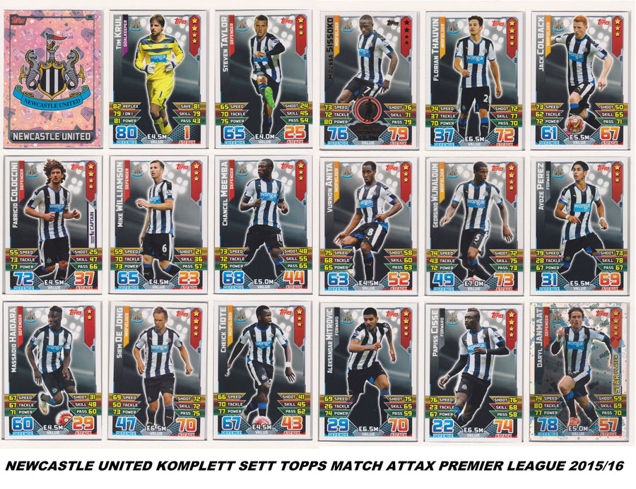 000. NEWCASTLE UNITED - KOMPLETT SETT MED TOPPS MATCH ATTAX PREMIER LEAGUE 2015/16