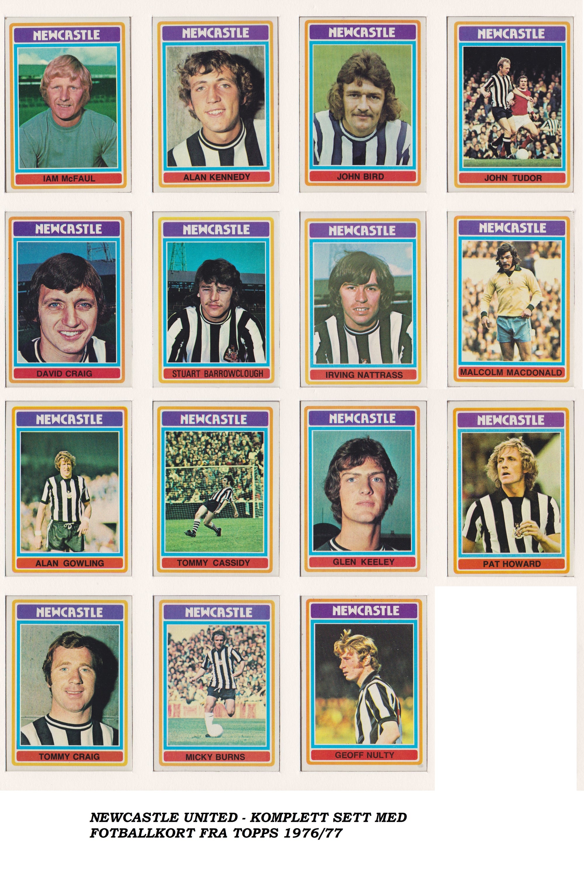 000. NEWCASTLE UNITED - KOMPLETT SETT MED FOTBALLKORT FRA TOPPS 1976/77