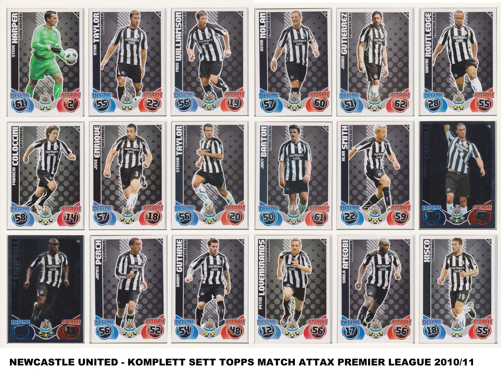 000. NEWCASTLE UNITED - KOMPLETT SETT MED TOPPS MATCH ATTAX PREMIER LEAGUE 2010/11
