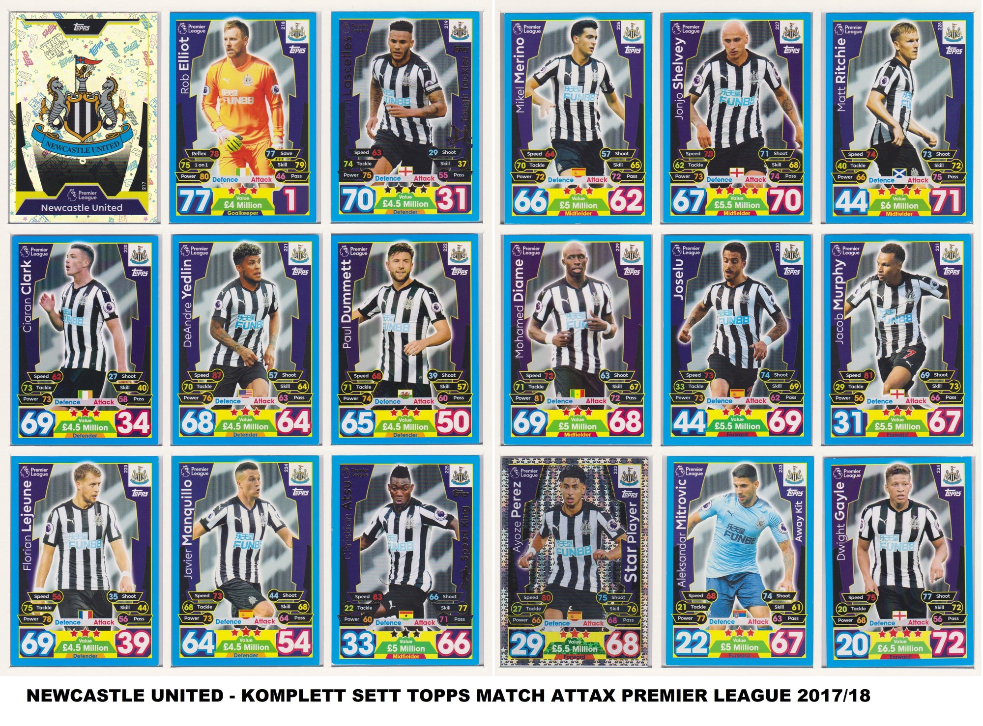000. NEWCASTLE UNITED  - KOMPLETT SETT MED TOPPS MATCH ATTAX PREMIER LEAGUE 2017/18