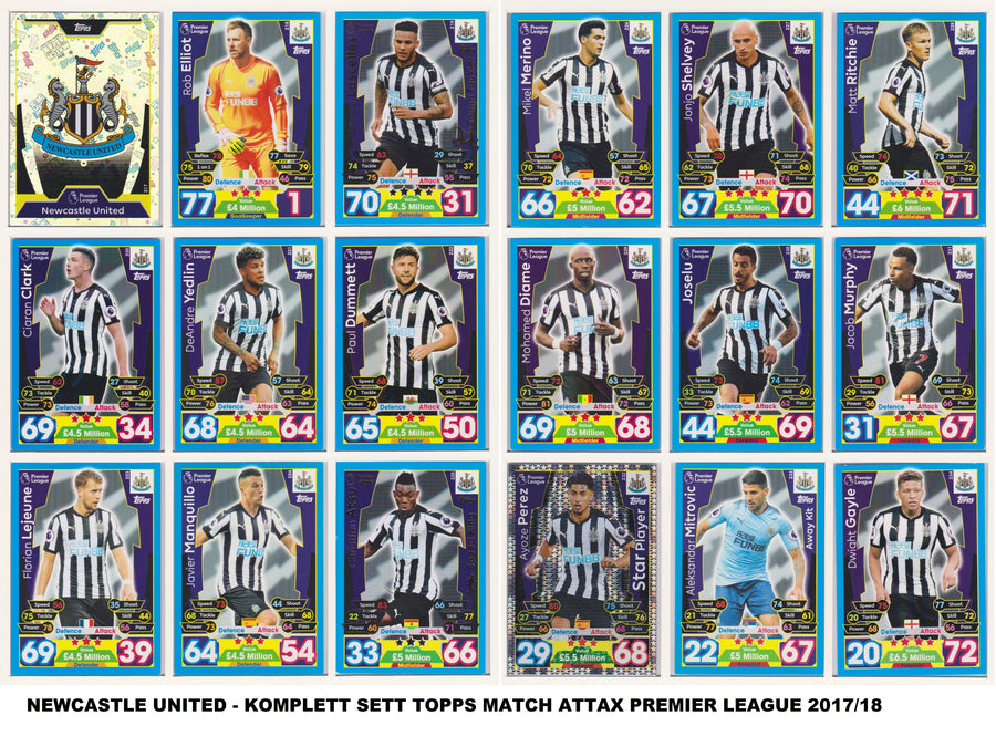 000. NEWCASTLE UNITED  - KOMPLETT SETT MED TOPPS MATCH ATTAX PREMIER LEAGUE 2017/18