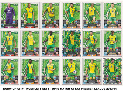 000. NORWICH CITY - KOMPLETT SETT MED TOPPS MATCH ATTAX PREMIER LEAGUE 2013/14