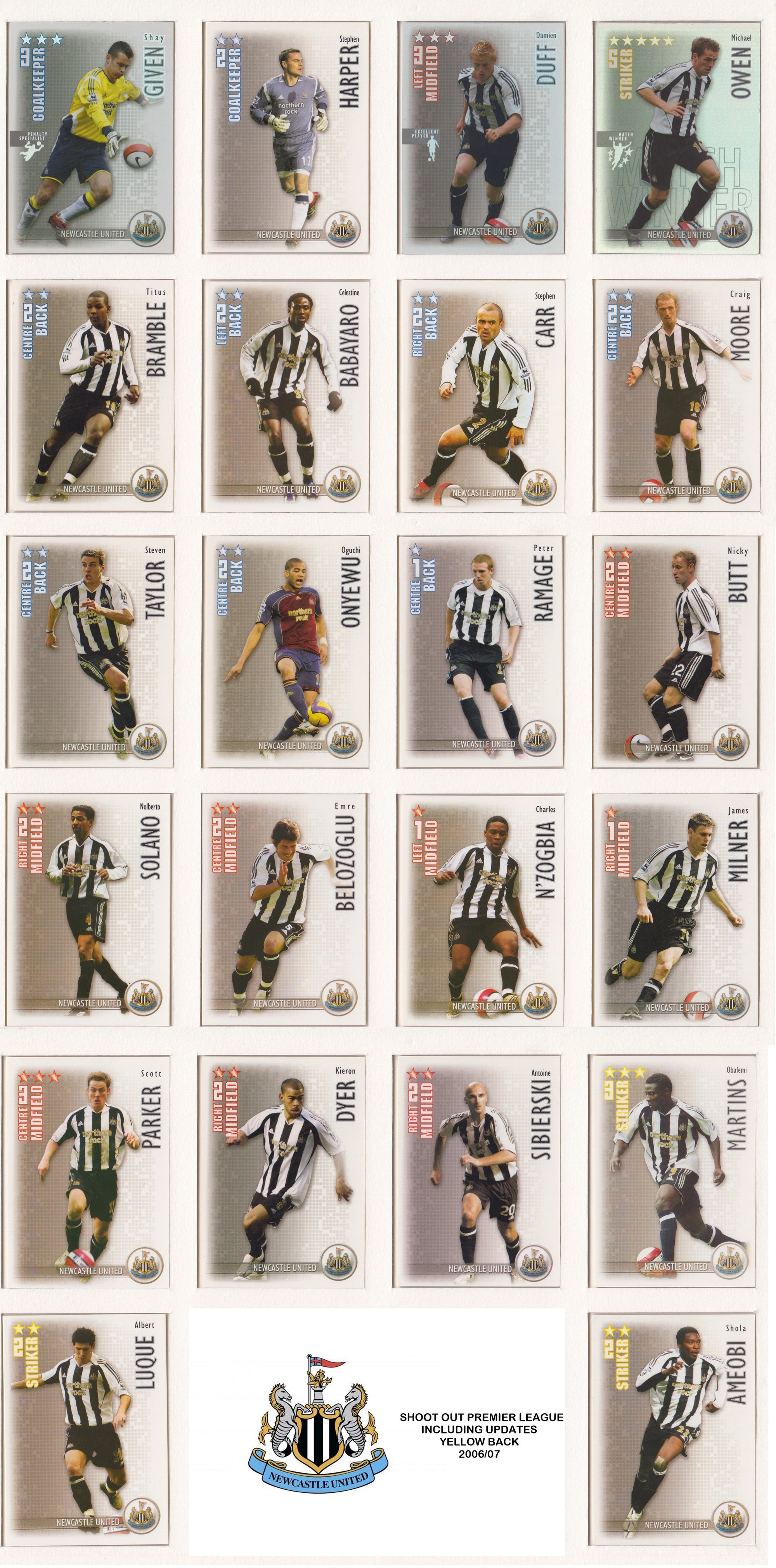 000. NEWCASTLE UNITED - KOMPLETT SETT MED SHOOT OUT PREMIER LEAGUE 2006/07 - INCL UPDATE