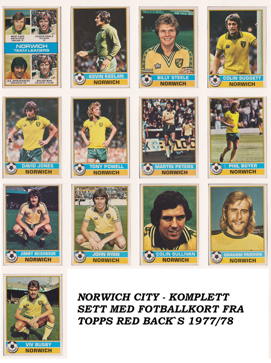 000. NORWICH - KOMPLETT SETT MED FOTBALLKORT FRA TOPPS 1977/78