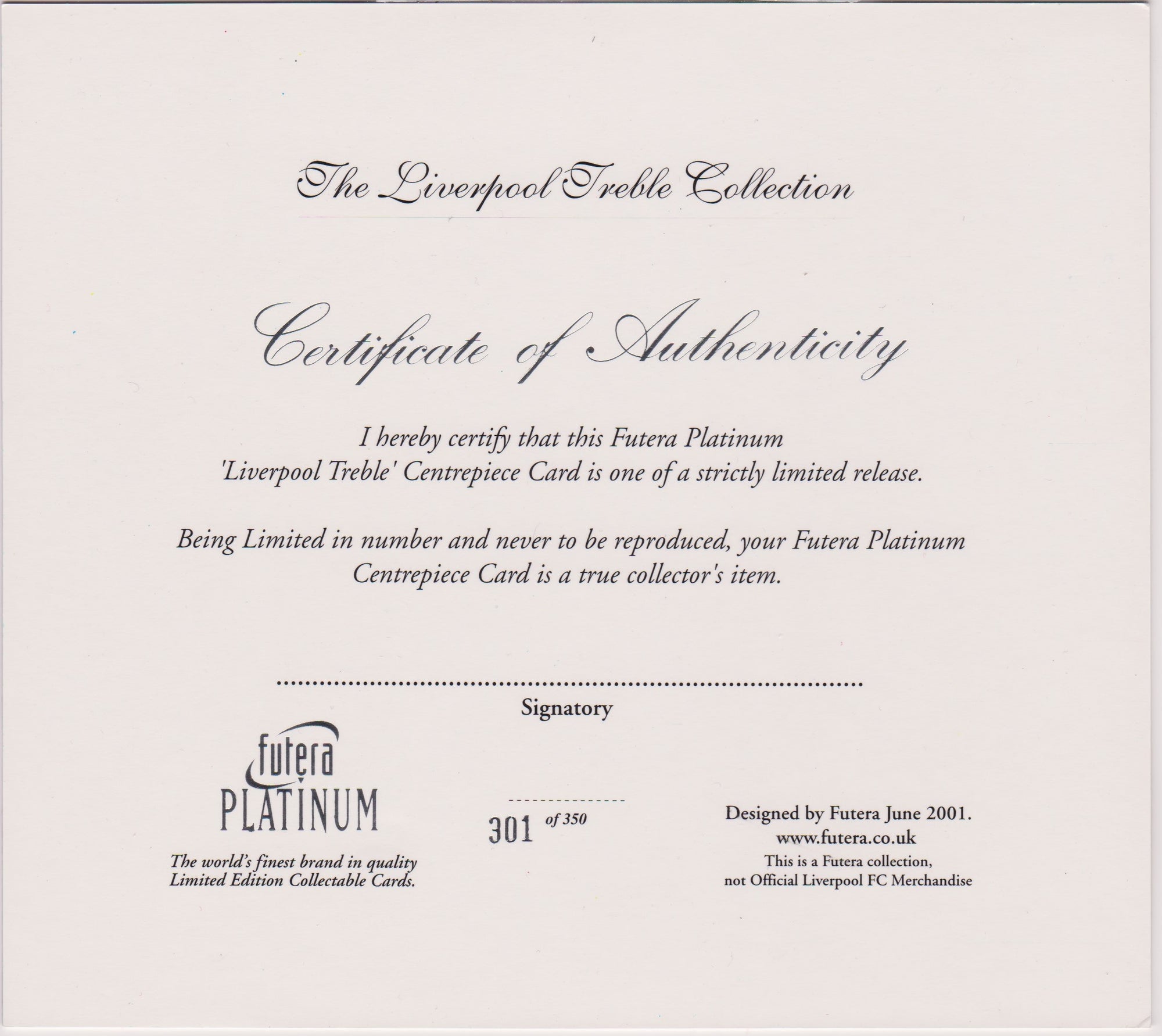 THE LIVERPOOL TREBLE COLLECTION - FUTERA PLATINUM 2001 CARD 301 OF 350