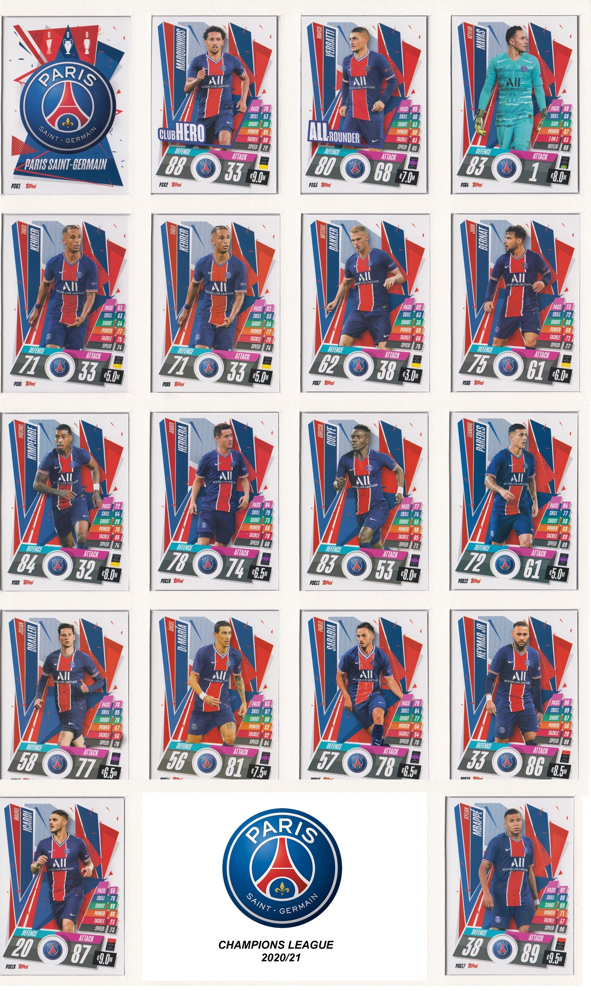 PARIS SAINT-GERMAIN KOMPLETT SETT MED TOPPS CHAMPIONS LEAGUE 2020/21