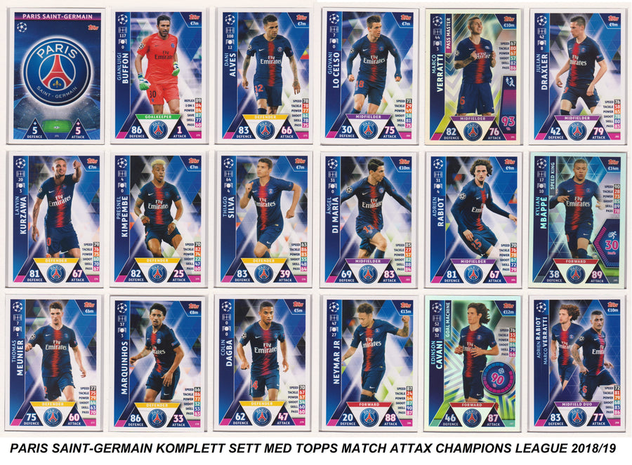 000. PARIS SAINT-GERMAIN - KOMPLETT SETT MED TOPPS MATCH ATTAX CHAMPIONS LEAGUE 2018/19