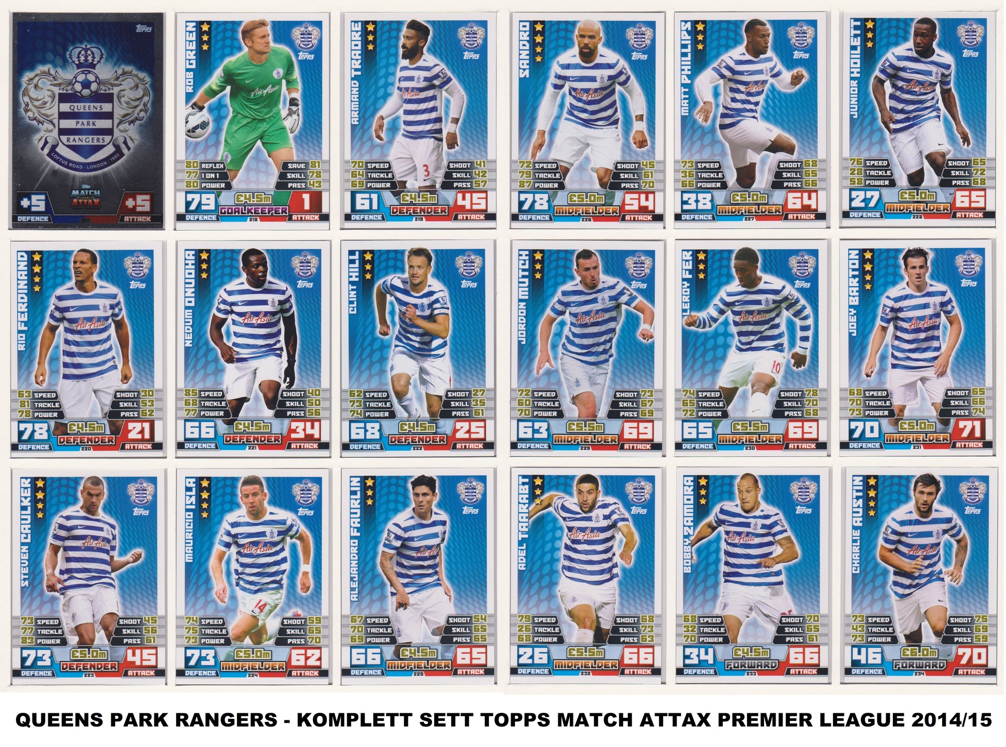 000. QUEENS PARK RANGERS - KOMPLETT SETT MED TOPPS MATCH ATTAX PREMIER LEAGUE 2014/15