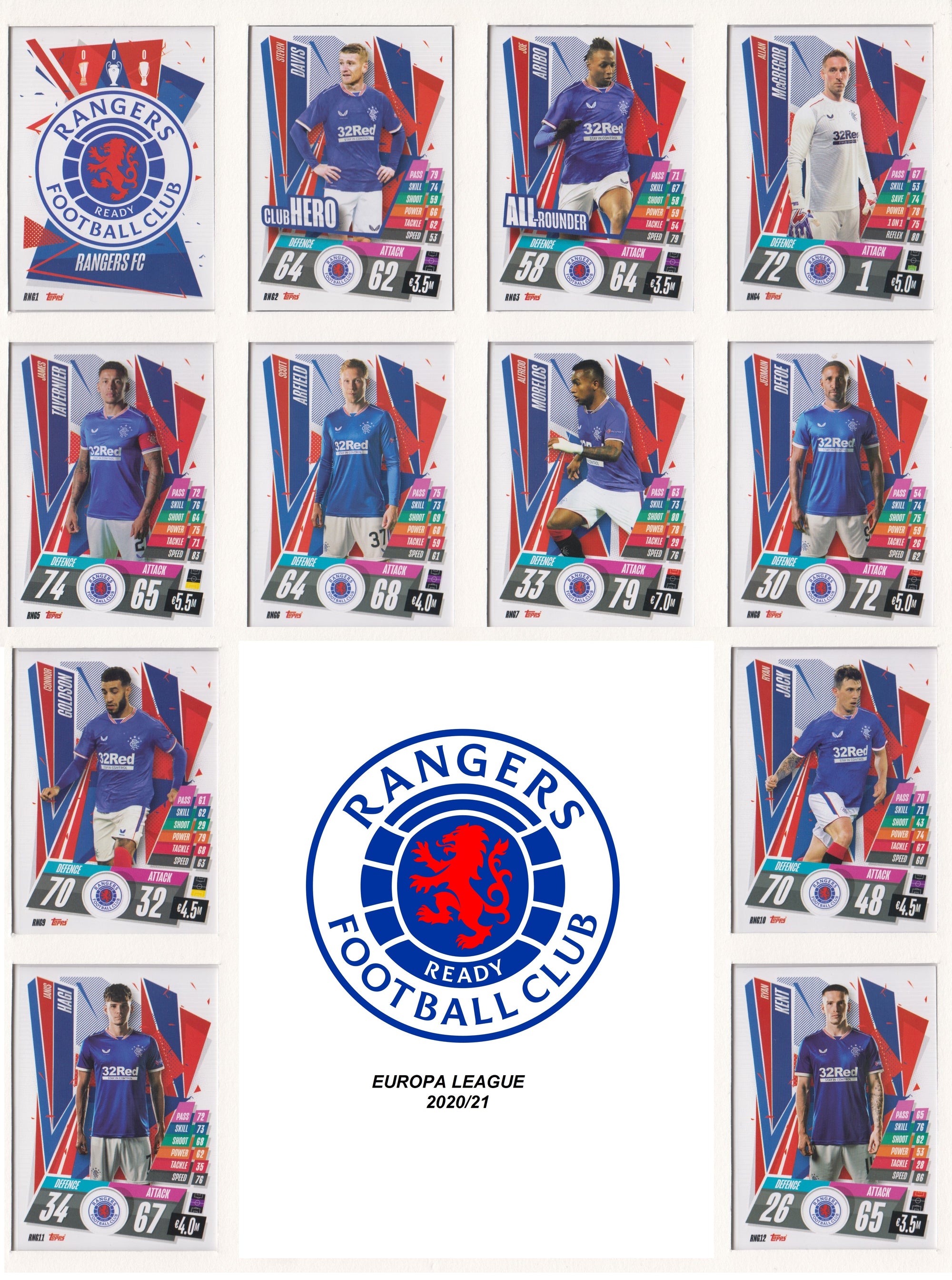 RANGERS FC KOMPLETT SETT MED TOPPS EUROPA LEAGUE 2020/21