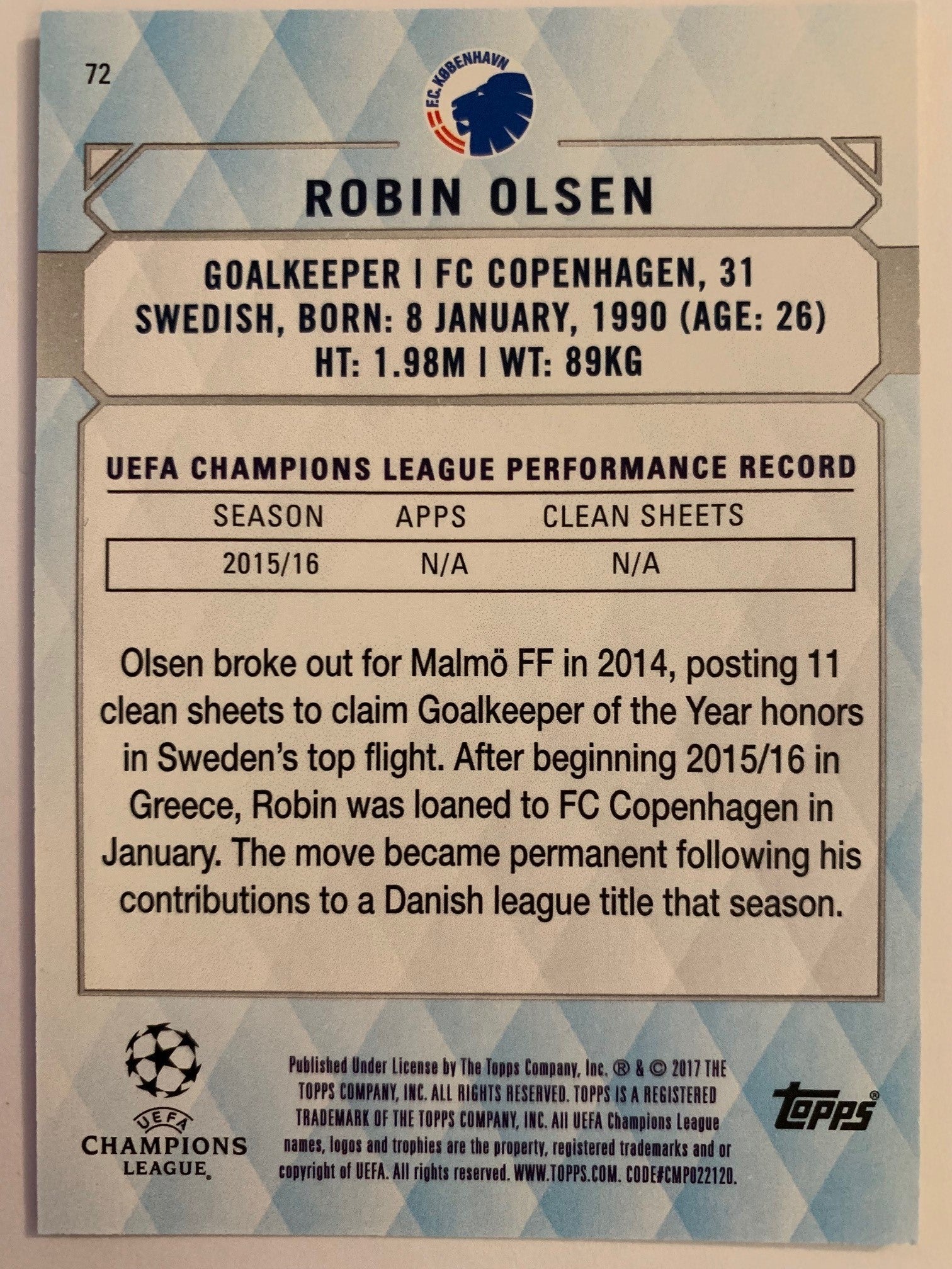 ROBIN OLSEN - FC COPENHAGEN - TOPPS CHAMPIONS LEAGUE - CROME #99