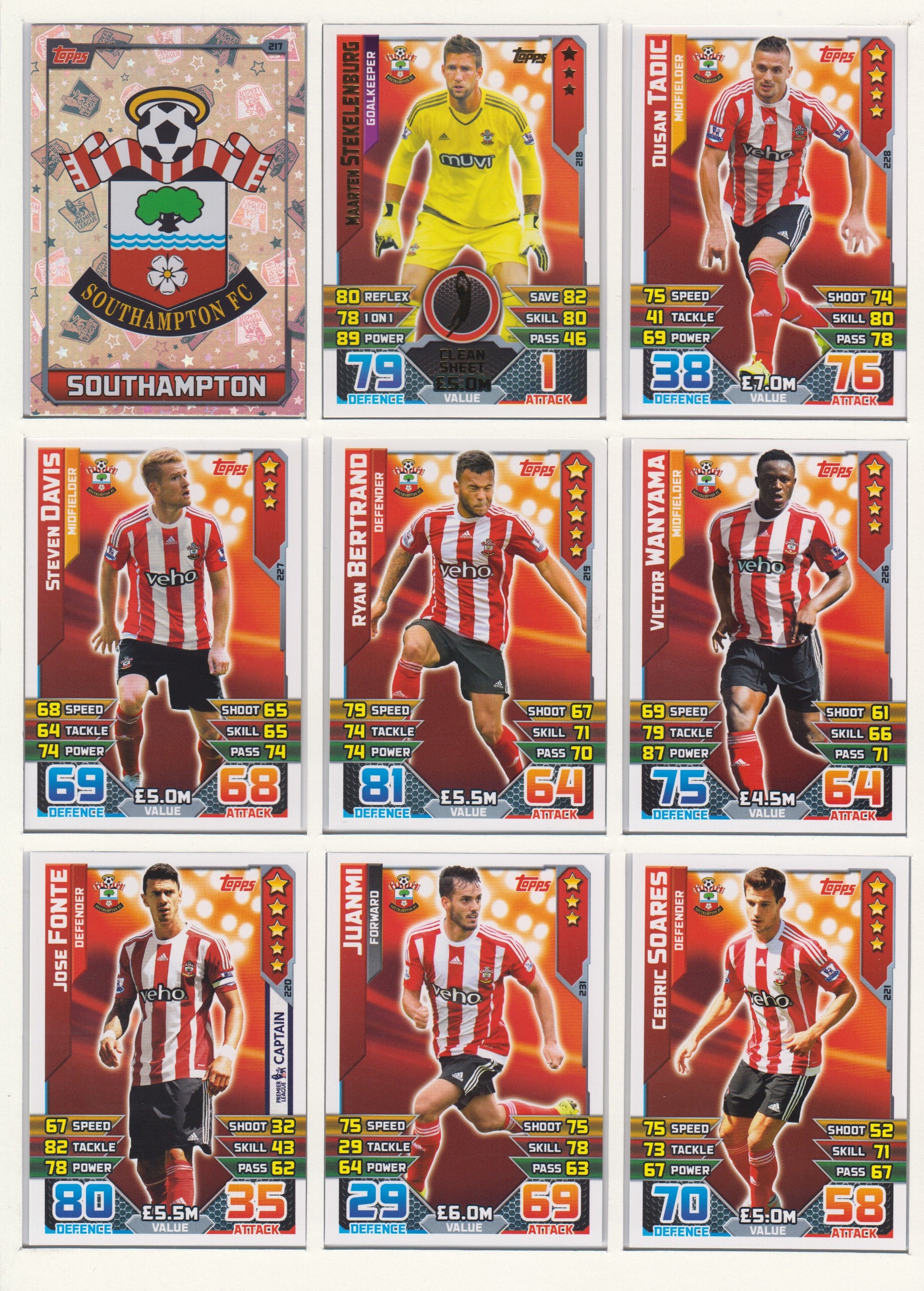 000. SOUTHAMPTON - KOMPLETT SETT MED TOPPS MATCH ATTAX PREMIER LEAGUE 2015/16