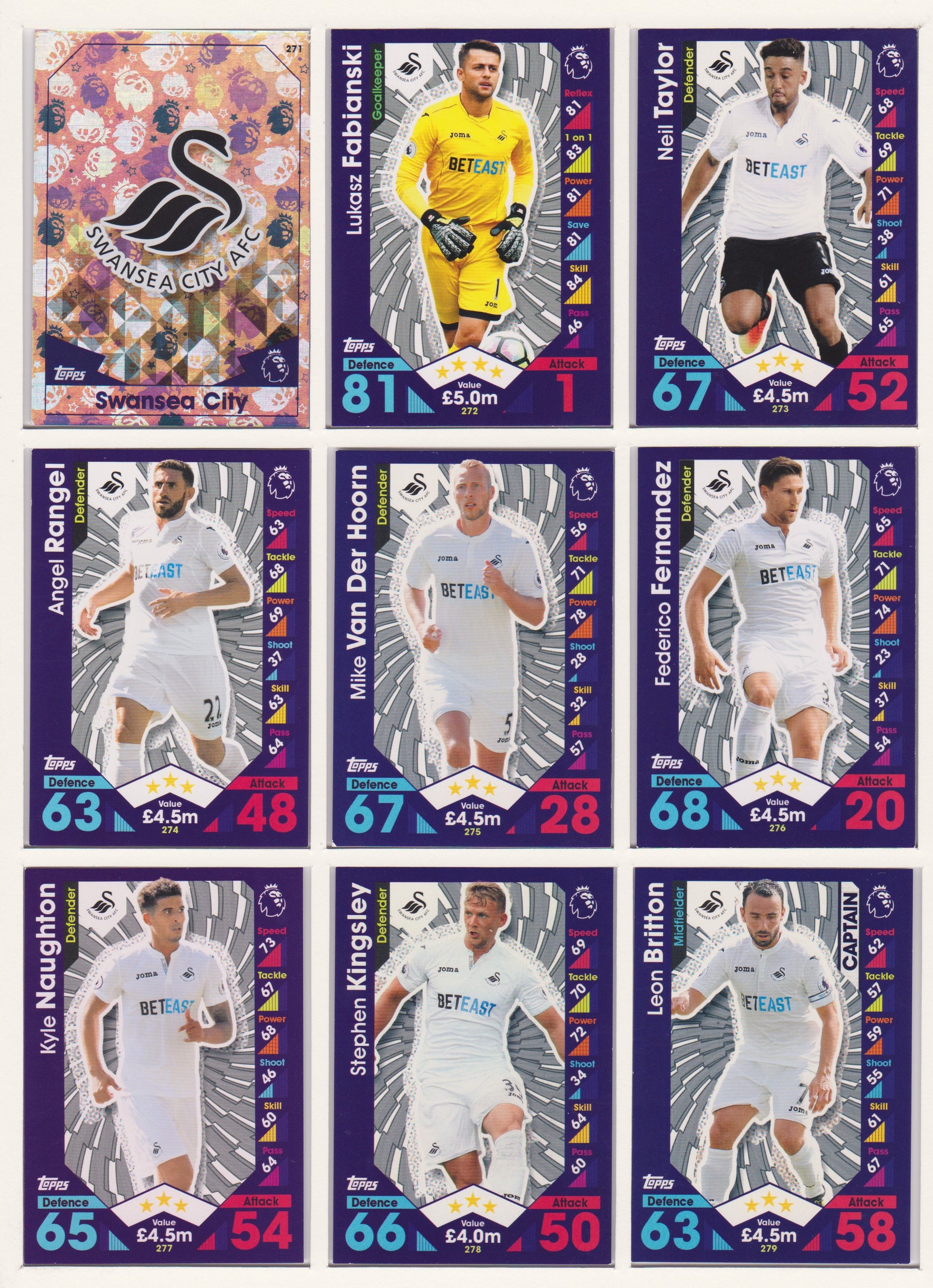 000. SWANSEA - KOMPLETT SETT MED TOPPS MATCH ATTAX PREMIER LEAGUE 2016/17