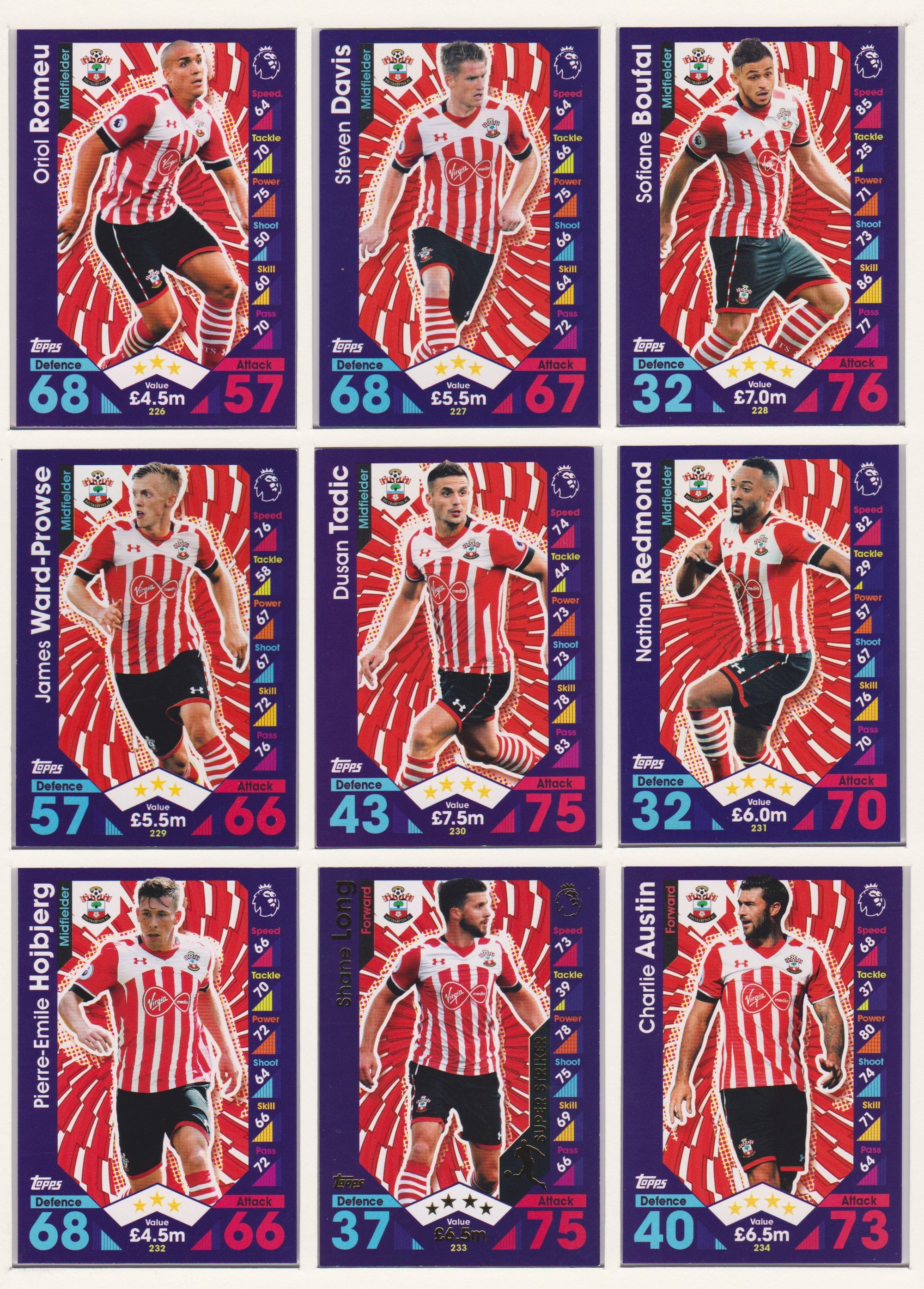 000. SOUTHAMPTON - KOMPLETT SETT MED TOPPS MATCH ATTAX PREMIER LEAGUE 2016/17