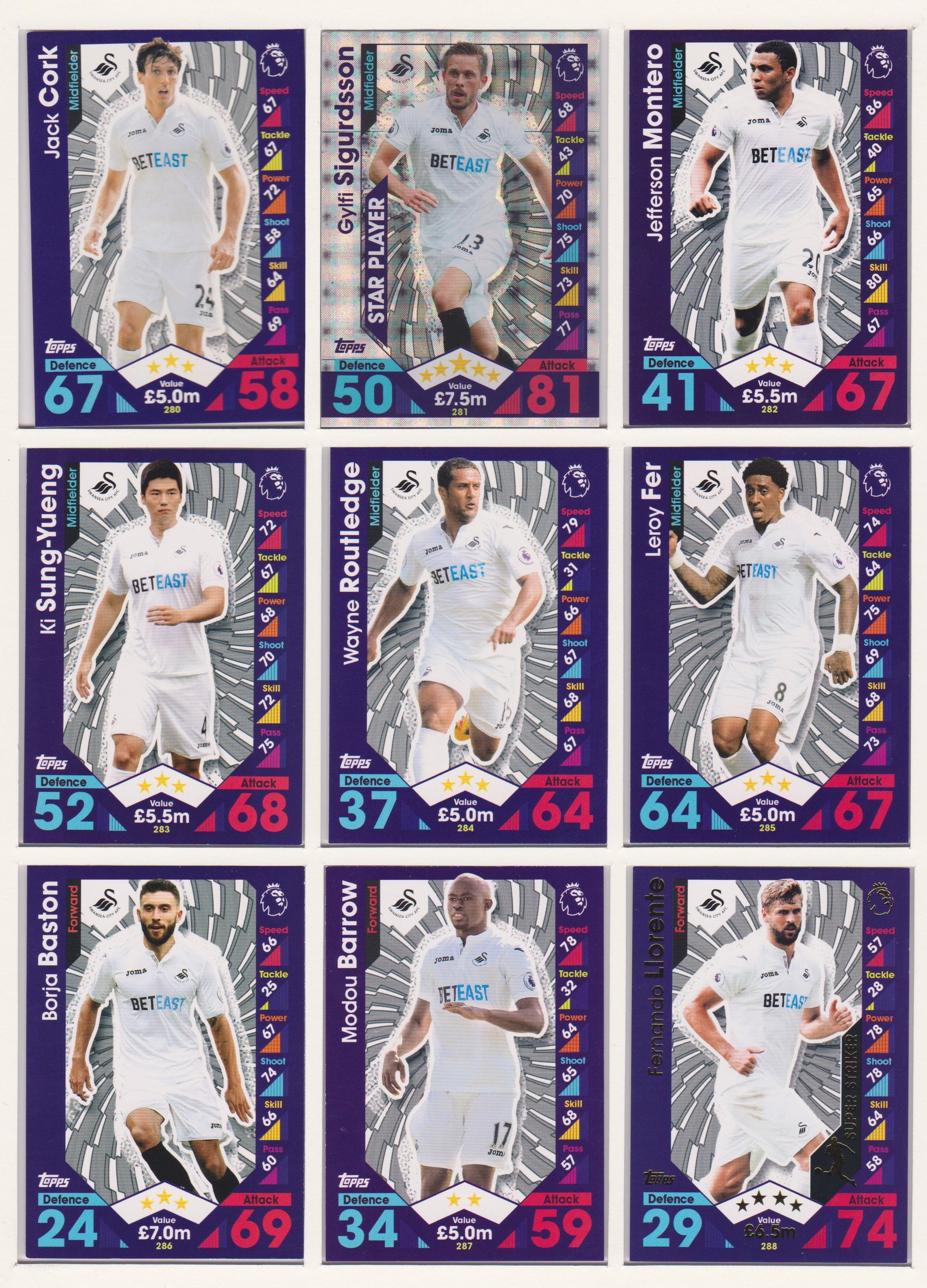 000. SWANSEA - KOMPLETT SETT MED TOPPS MATCH ATTAX PREMIER LEAGUE 2016/17