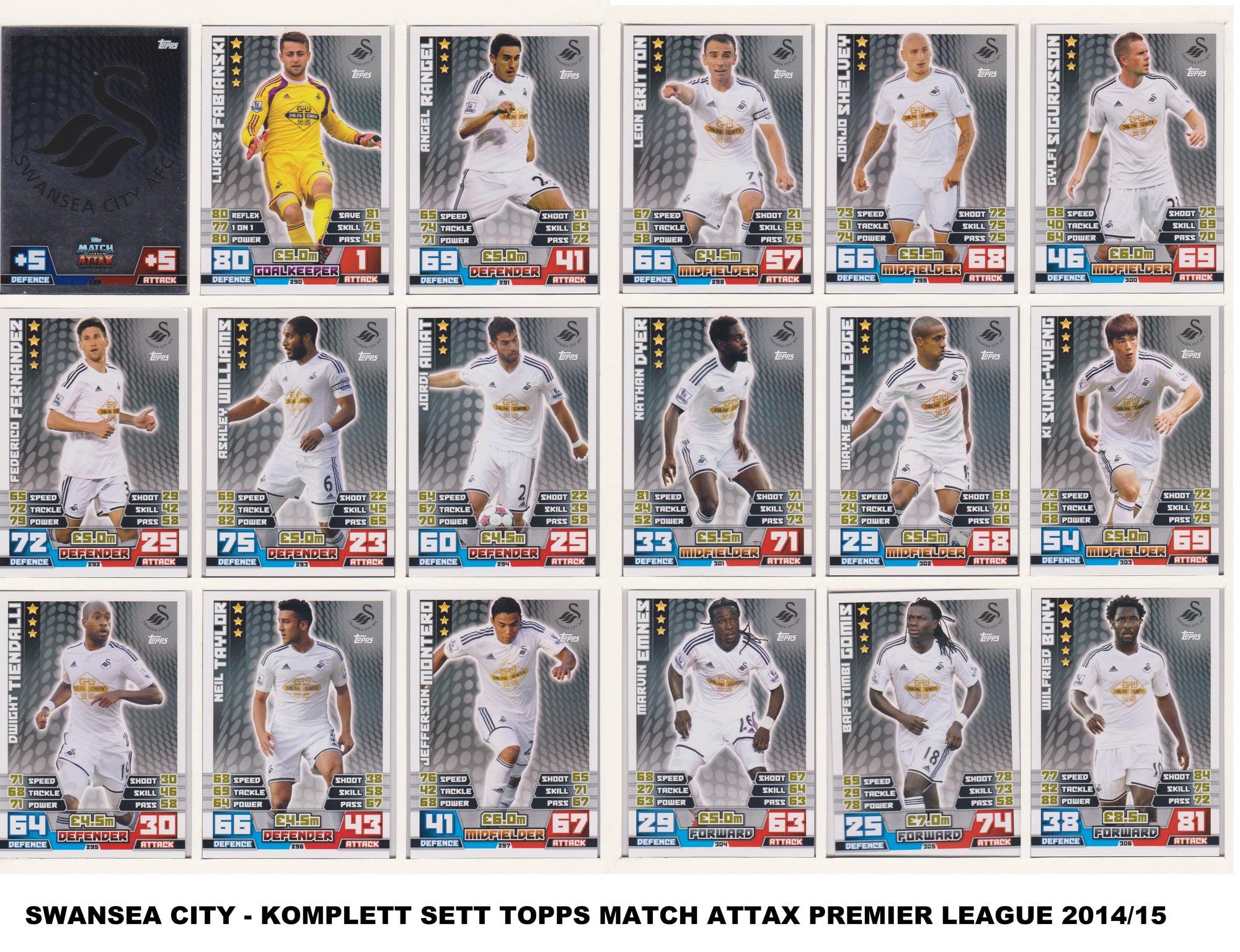 000. SWANSEA CITY - KOMPLETT LAGSETT MATCH ATTAX PREMIER LEAGUE 2014/15