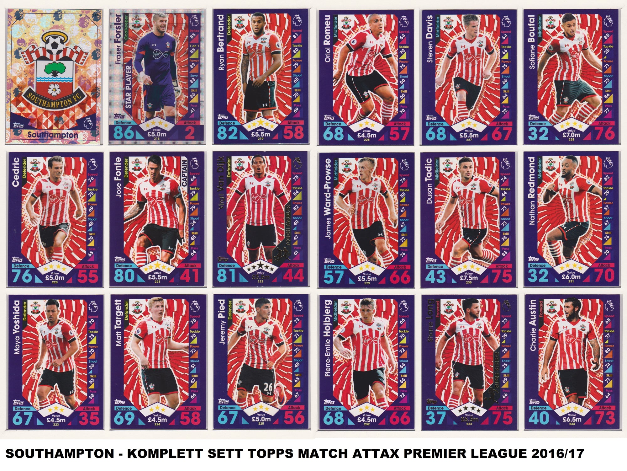 000. SOUTHAMPTON - KOMPLETT SETT MED TOPPS MATCH ATTAX PREMIER LEAGUE 2016/17