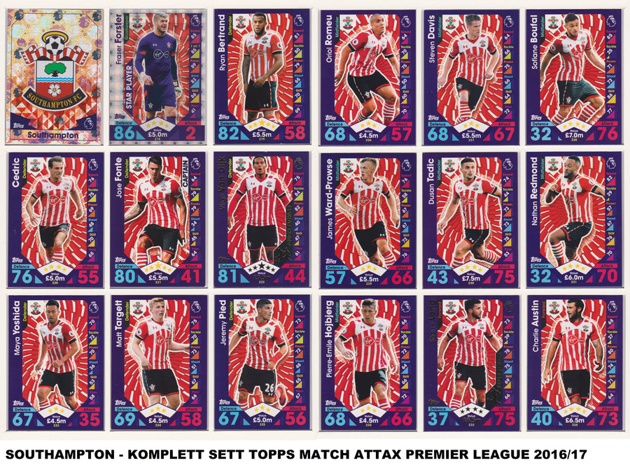 000. SOUTHAMPTON - KOMPLETT SETT MED TOPPS MATCH ATTAX PREMIER LEAGUE 2016/17