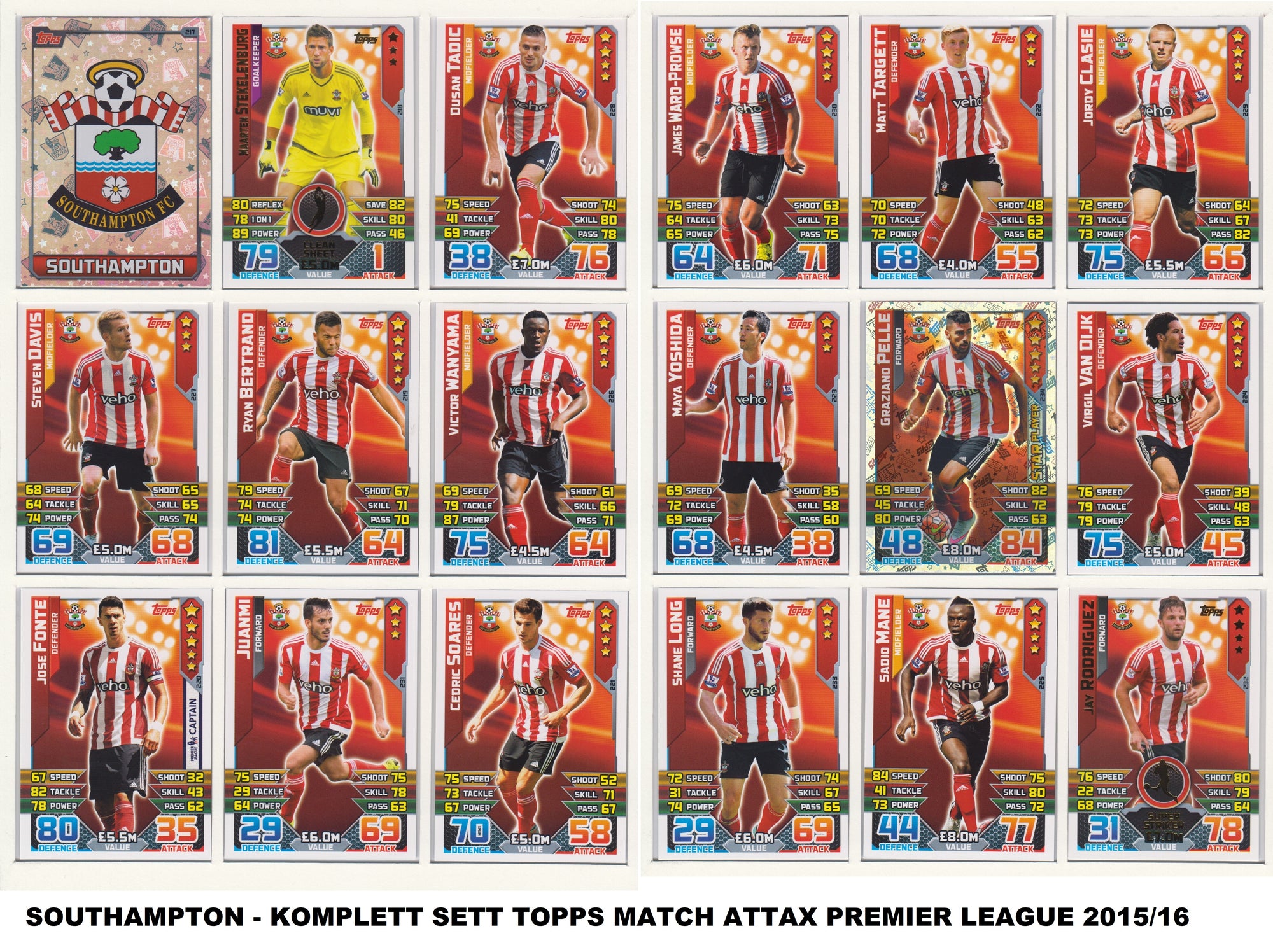 000. SOUTHAMPTON - KOMPLETT SETT MED TOPPS MATCH ATTAX PREMIER LEAGUE 2015/16