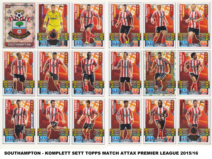 000. SOUTHAMPTON - KOMPLETT SETT MED TOPPS MATCH ATTAX PREMIER LEAGUE 2015/16