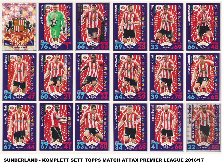 000. SUNDERLAND - KOMPLETT SETT MED TOPPS MATCH ATTAX PREMIER LEAGUE 2016/17
