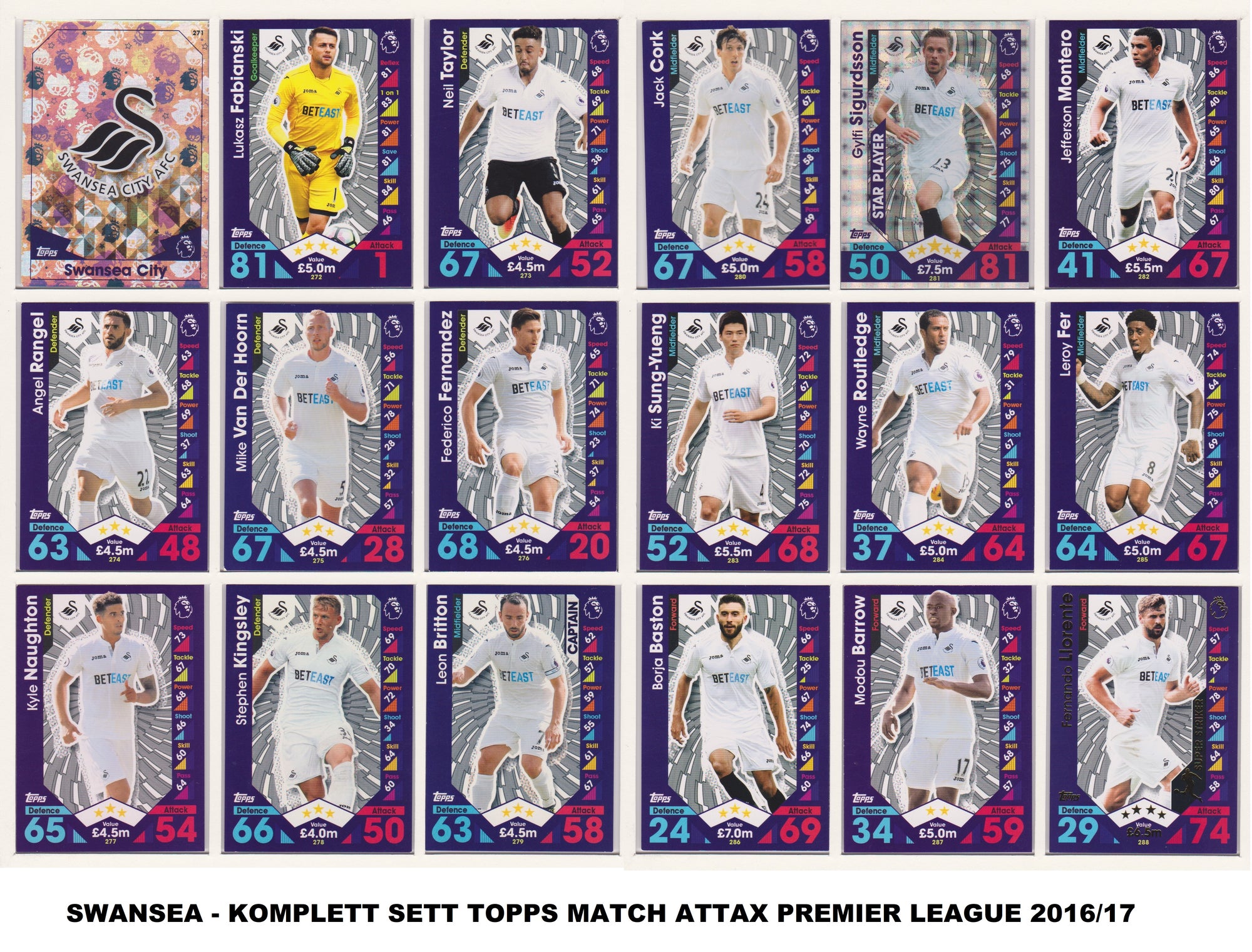000. SWANSEA - KOMPLETT SETT MED TOPPS MATCH ATTAX PREMIER LEAGUE 2016/17