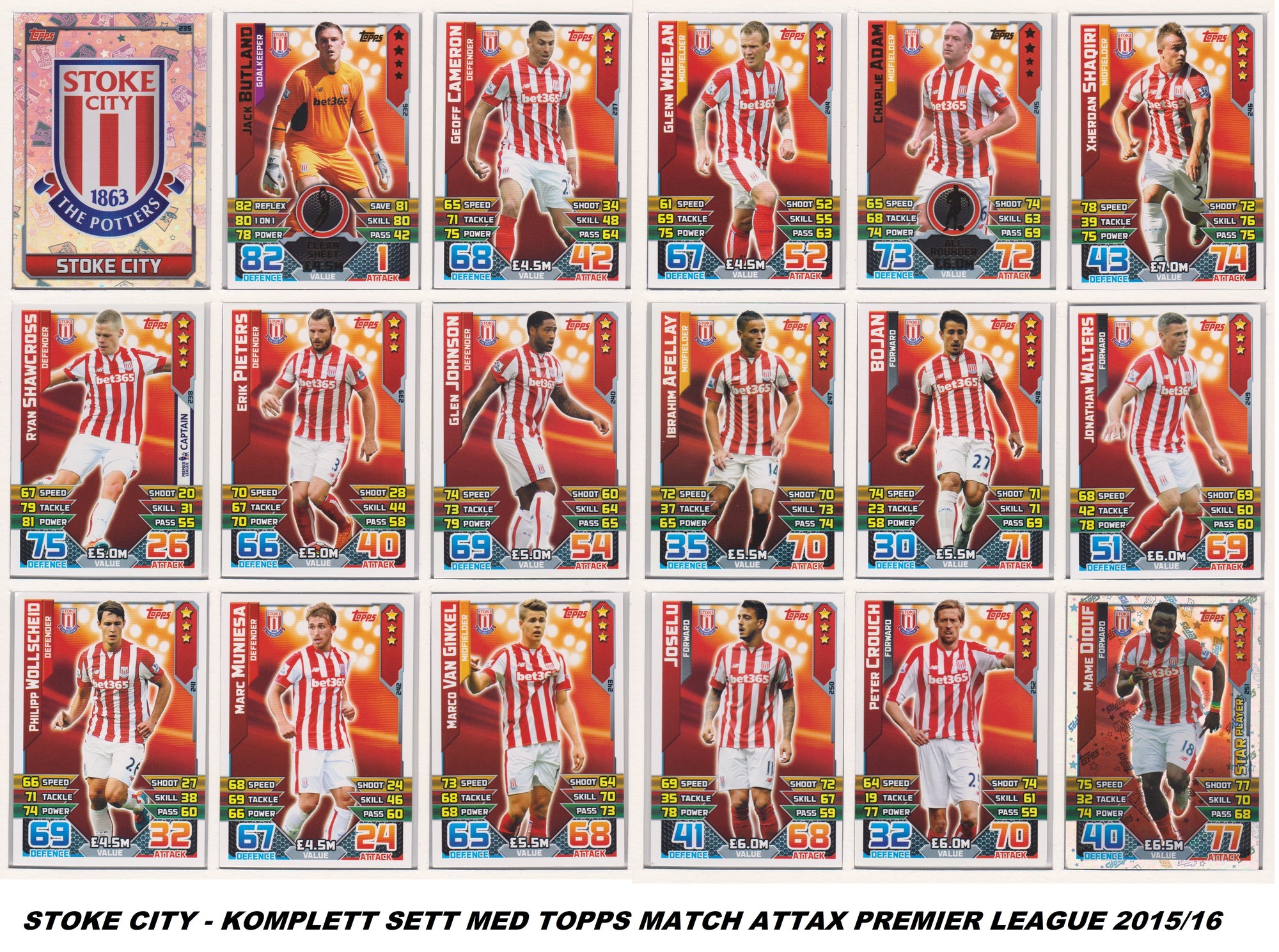 000. STOKE CITY - KOMPLETT SETT MED TOPPS MATCH ATTAX PREMIER LEAGUE 2015/16