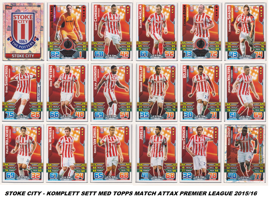 000. STOKE CITY - KOMPLETT SETT MED TOPPS MATCH ATTAX PREMIER LEAGUE 2015/16