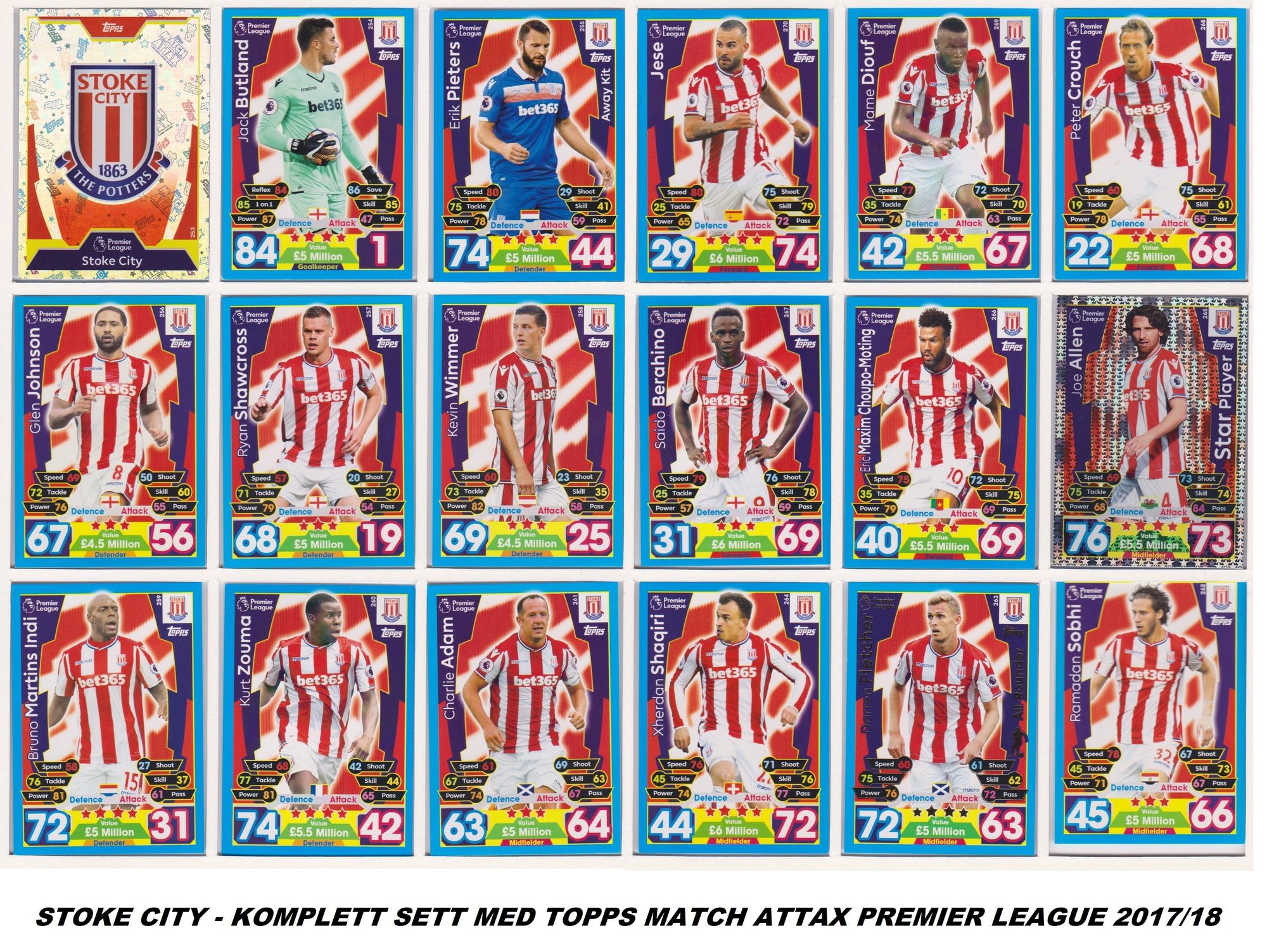 000. STOKE CITY - KOMPLETT SETT MED TOPPS MATCH ATTAX PREMIER LEAGUE 2017/18
