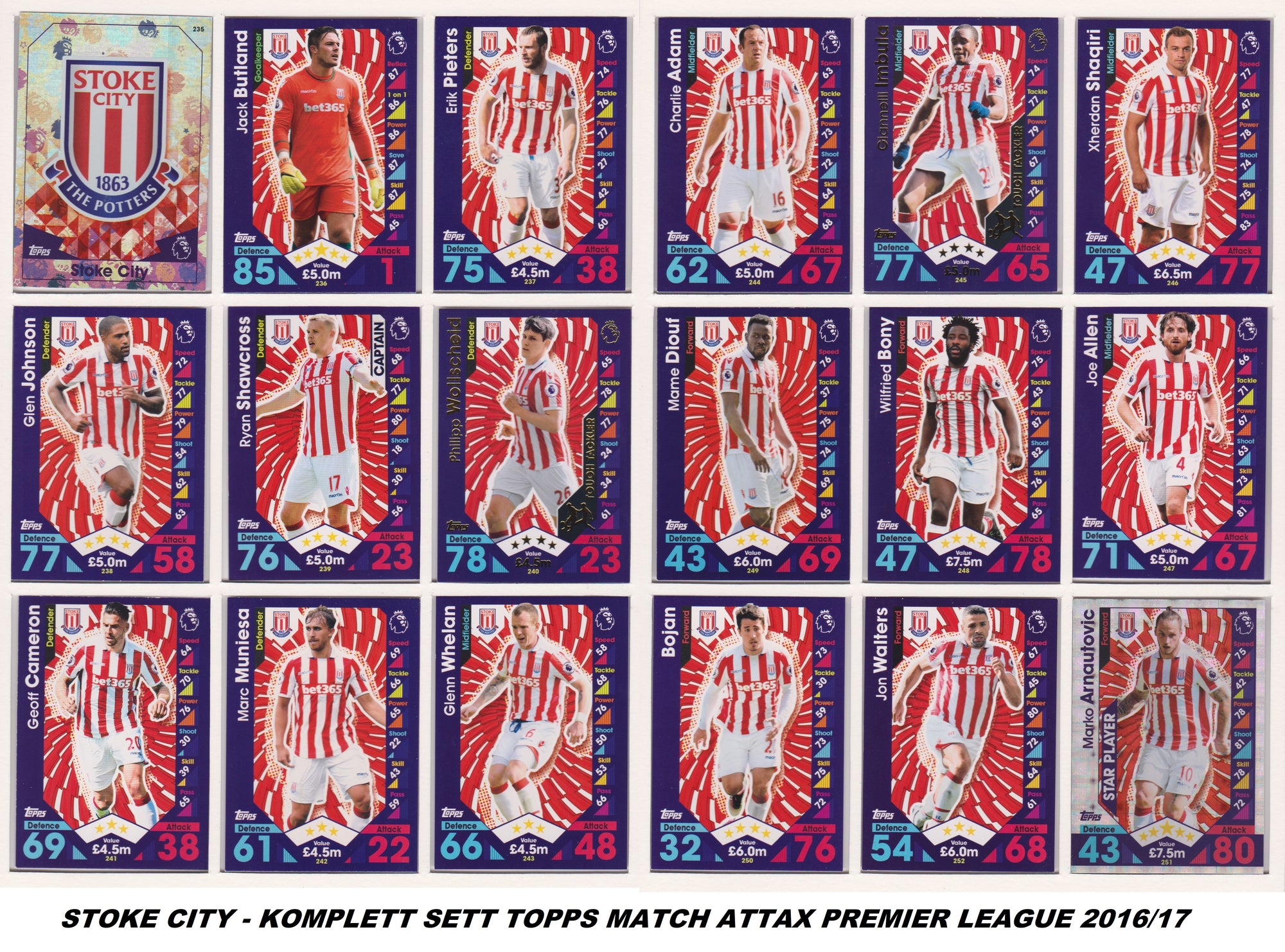 000. STOKE CITY - KOMPLETT SETT MED TOPPS MATCH ATTAX PREMIER LEAGUE 2016/17