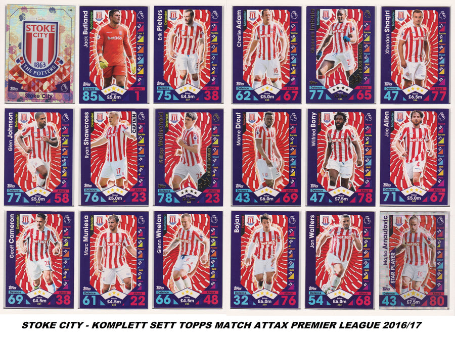 000. STOKE CITY - KOMPLETT SETT MED TOPPS MATCH ATTAX PREMIER LEAGUE 2016/17