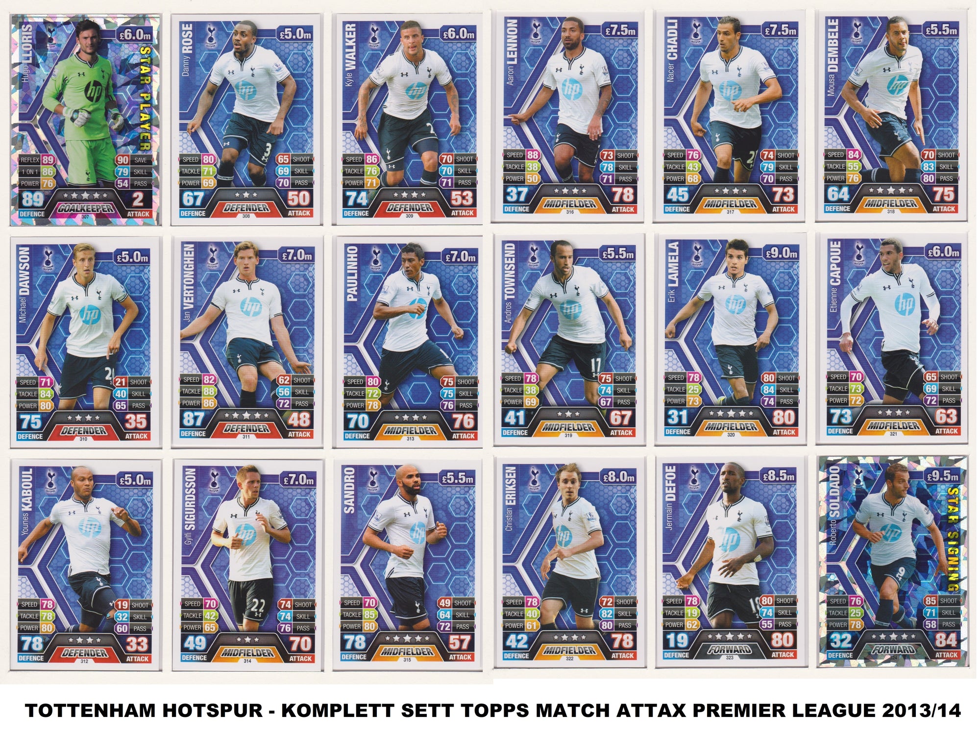 000. TOTTENHAM HOTSPUR - KOMPLETT SETT MED TOPPS MATCH ATTAX PREMIER LEAGUE 2013/14