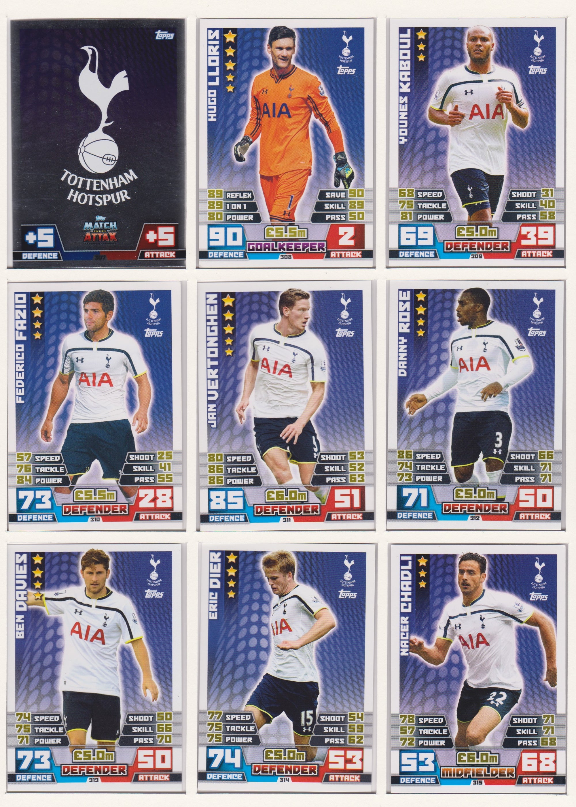 000. TOTTENHAM HOTSPUR - KOMPLETT SETT MED TOPPS MATCH ATTAX PREMIER LEAGUE 2014/15