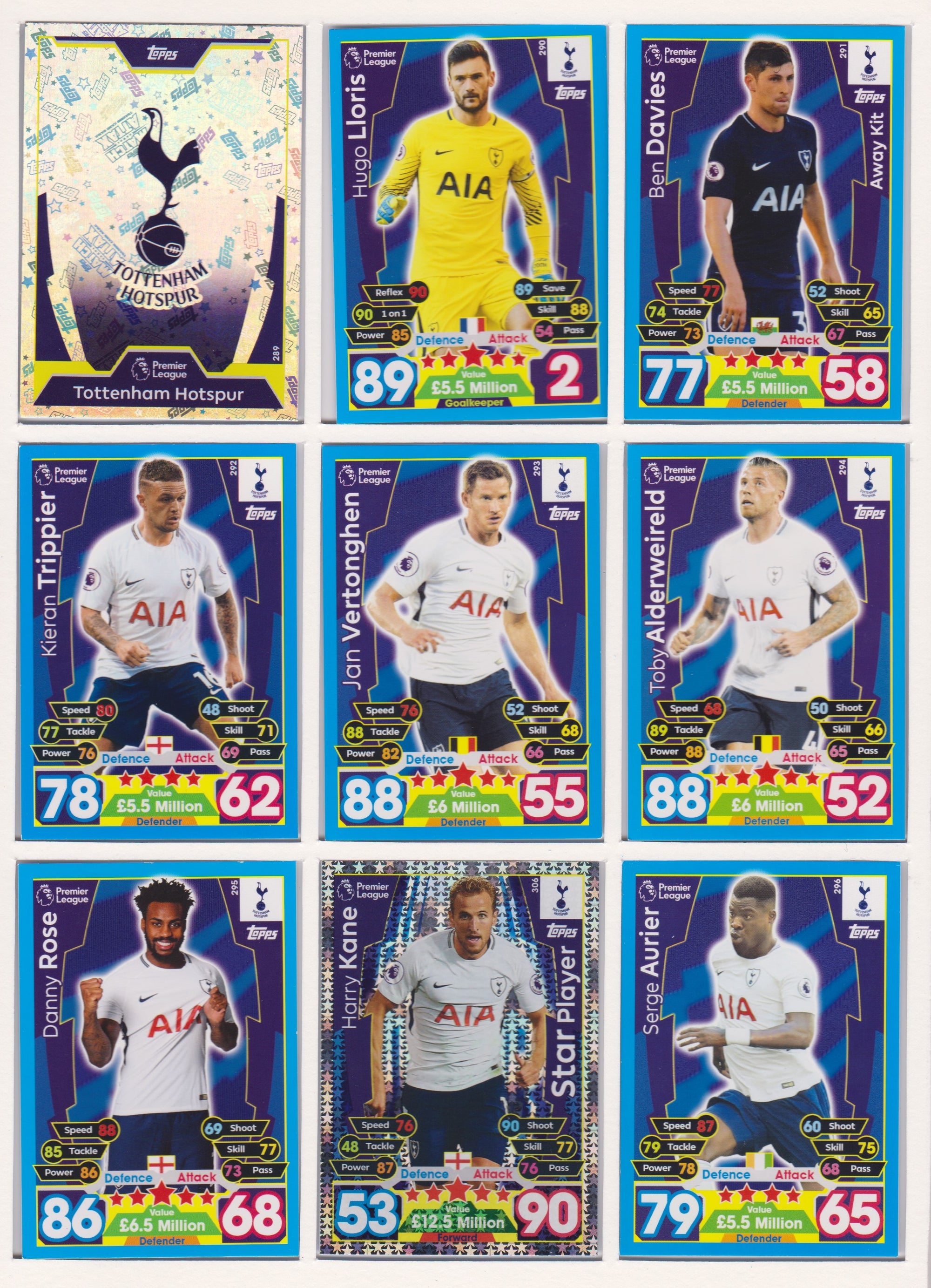 000. TOTTENHAM HOTSPUR - KOMPLETT SETT MED TOPPS MATCH ATTAX PREMIER LEAGUE 2017/18
