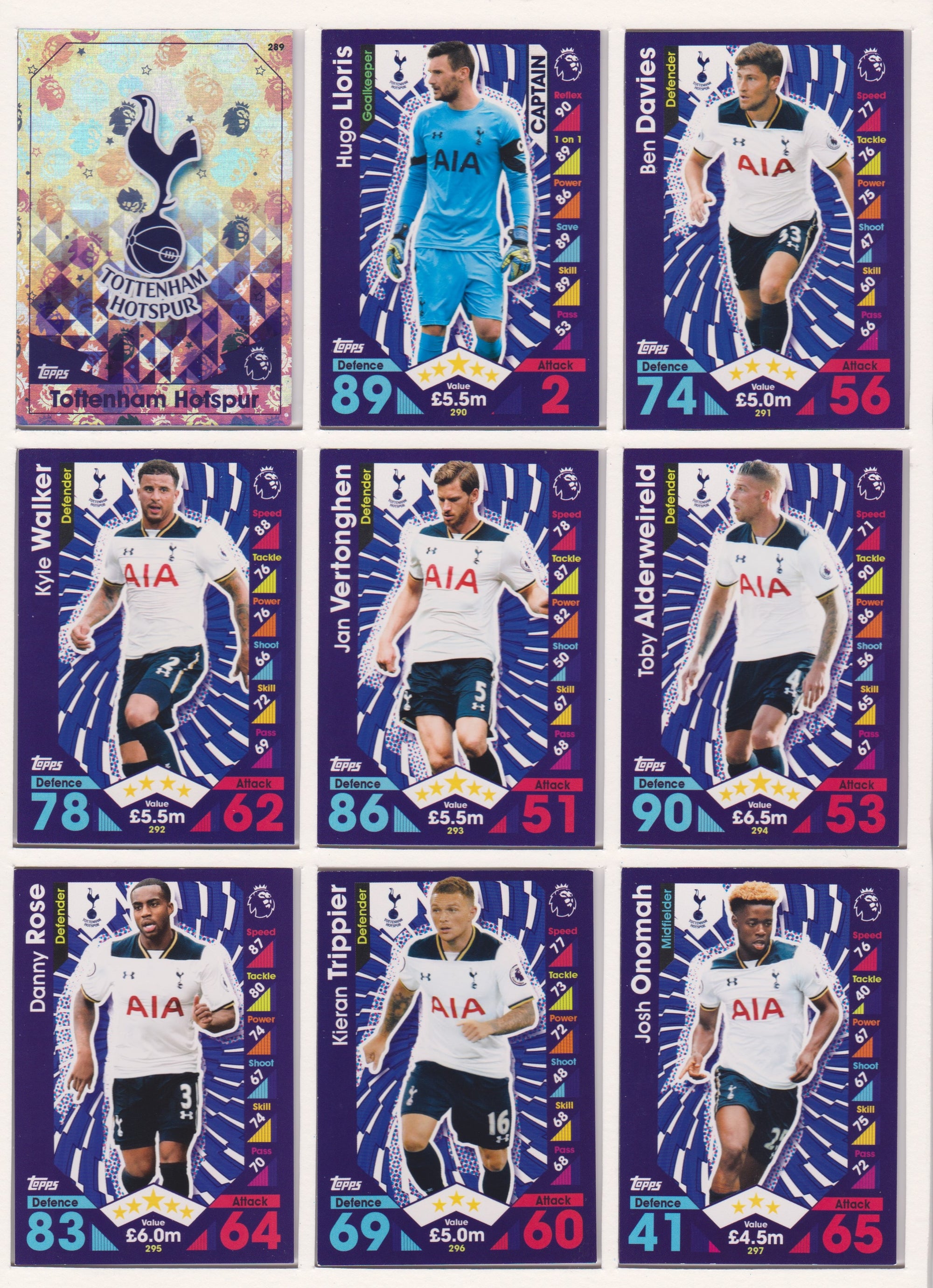 000. TOTTENHAM HOTSPUR - KOMPLETT SETT MED TOPPS MATCH ATTAX PREMIER LEAGUE 2016/17