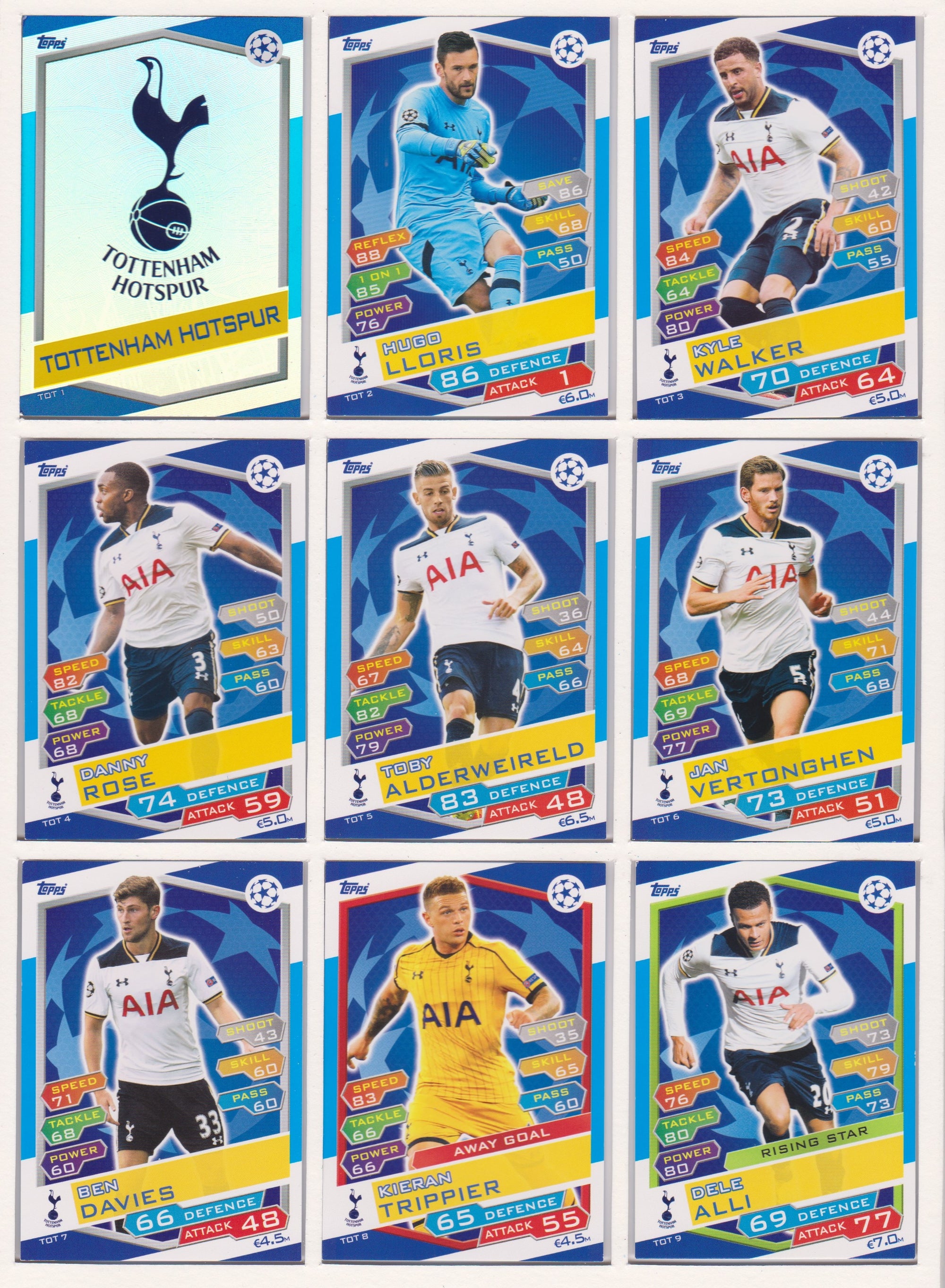 000. TOTTENHAM HOTSPUR - KOMPLETT SETT MED TOPPS MATCH ATTAX CHAMPIONS LEAGUE 2016/17