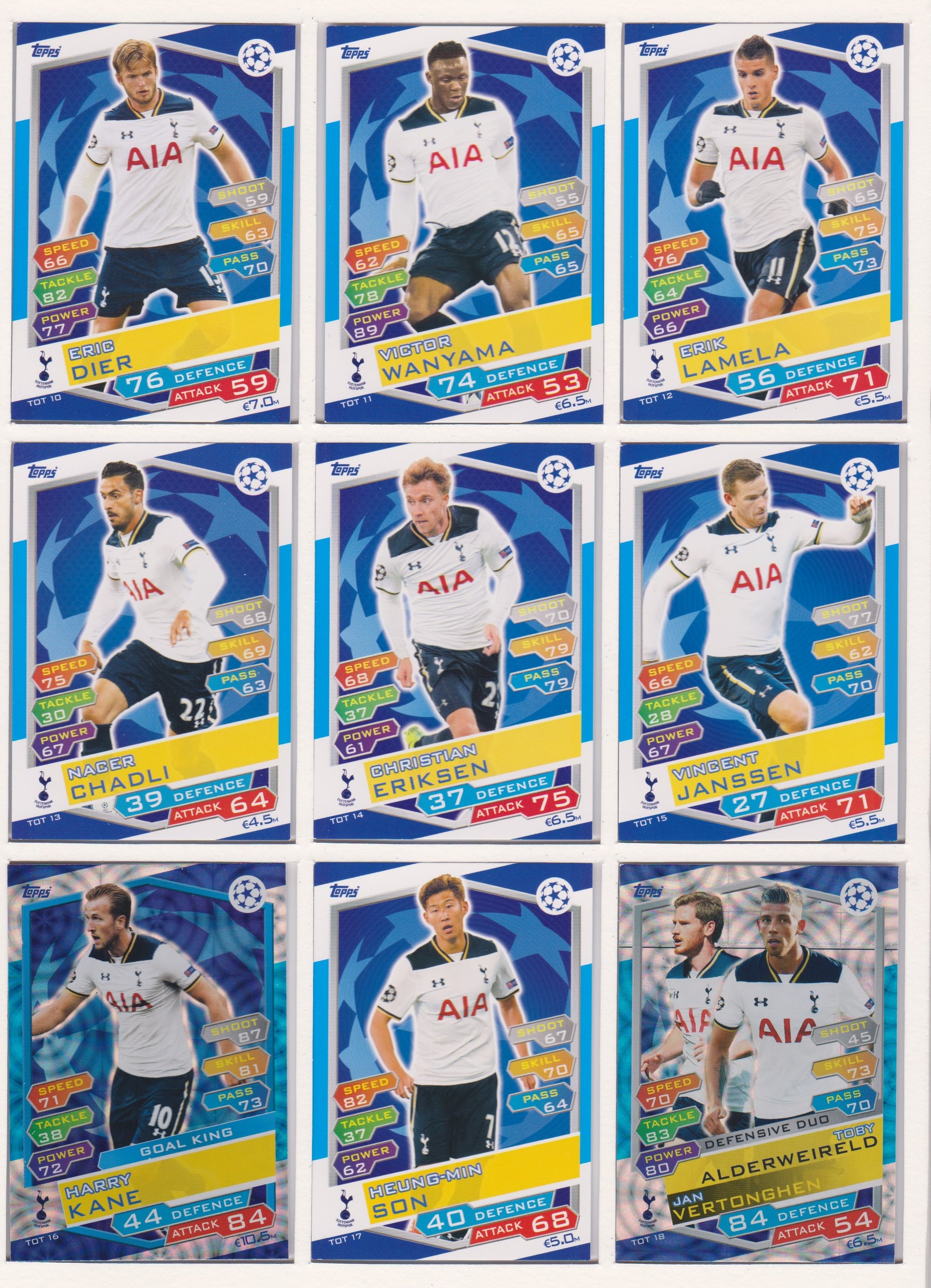 000. TOTTENHAM HOTSPUR - KOMPLETT SETT MED TOPPS MATCH ATTAX CHAMPIONS LEAGUE 2016/17