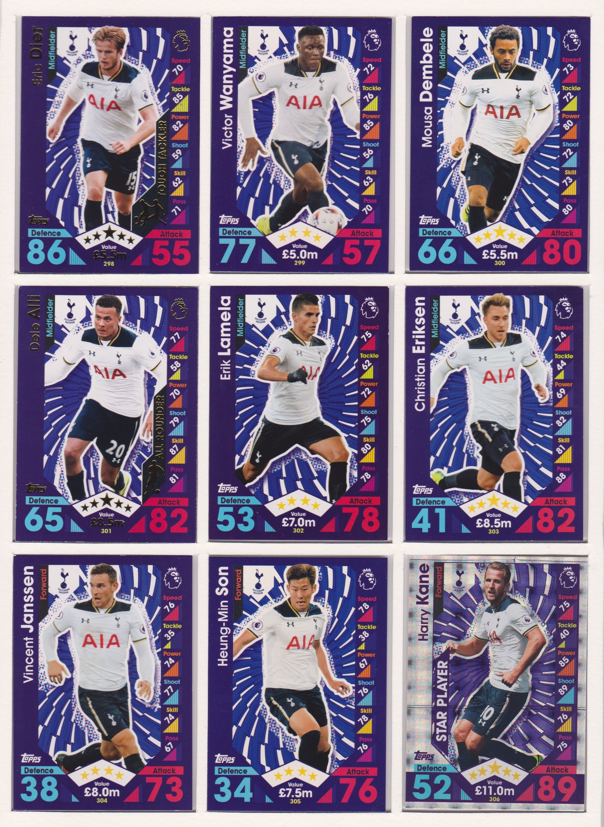 000. TOTTENHAM HOTSPUR - KOMPLETT SETT MED TOPPS MATCH ATTAX PREMIER LEAGUE 2016/17